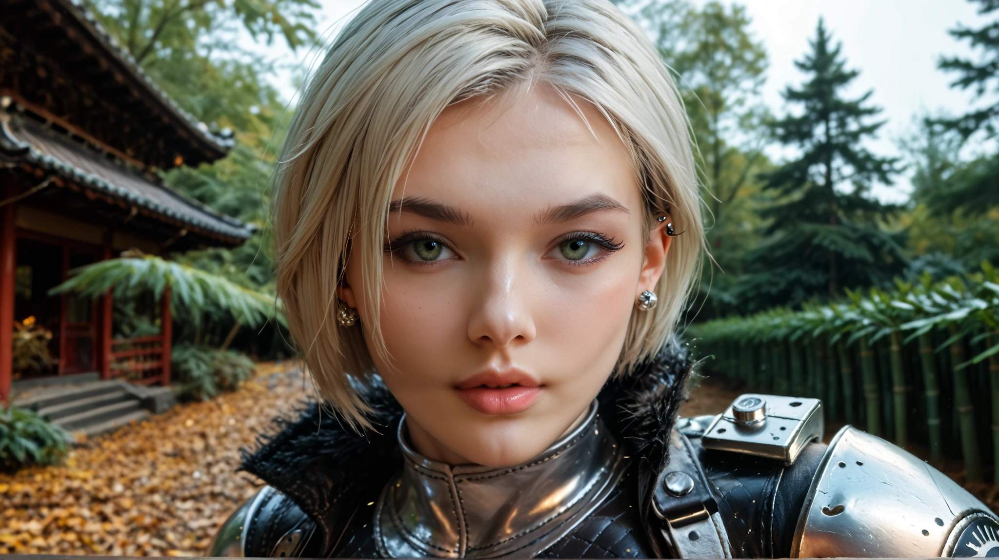 Gwen Tennyson,Yorha 2B,tracer,Jill Valentine,observe,Resident Evil , close-up, bamboo forest, tattoo restraints, without panties, silver steel leather corset , short hair, punk makeup , green eyes, beautiful girl , big Breasts,8 k,ultra detailed, realistic,fantasy art, Steel Armor ,cyborg armor,aviator shape ,pilot uniform,winter scarf , ear piercing , Japanese temple , gothic hand and neck jewelry ,to walk on foot,(Weather:leaves fall ), arc reactor , 1 girl,