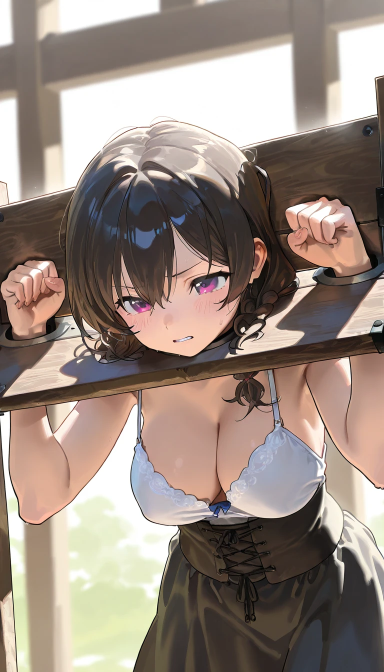 Women in medieval fantasy settings、Dragon Quest、 (In prison:1.5), Dimly lit room:1.5、Mr.々Hair style,night, Detailed aspect, Seduce, ((Tied up with rope:1.5))、(Huge Breasts:1.2)、Big Ass、wide waist width、His hands are tied、Sexy Lingerie、One Woman、Wet with sweat、Amazoness、(Torn clothes:1.7)
