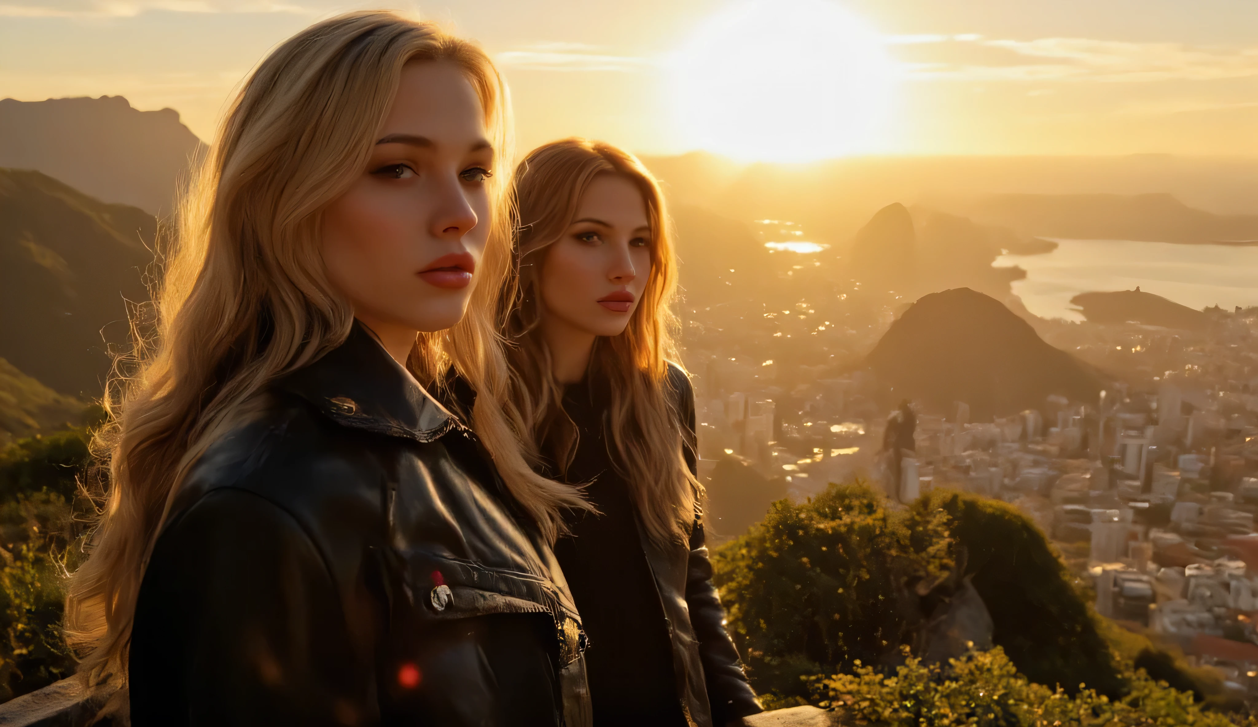 A breathtaking, ultra-realistic cinematic scene set at a high viewpoint in Rio de Janeiro, overlooking the city with the Christ the Redeemer statue in the background. Sarah, a blonde woman in a leather jacket, stands confidently, a triumphant smirk on her face. Laurien, a red-haired woman with short hair, stands beside her, gazing at the landscape with a mix of relief and determination. Sarah speaks with conviction: ‘Cheguei, Brasil!’. The golden sunset bathes the scene in warm light, enhancing the dramatic conclusion of their journey. Cinematic, high-quality visuals with a powerful sense of resolution.