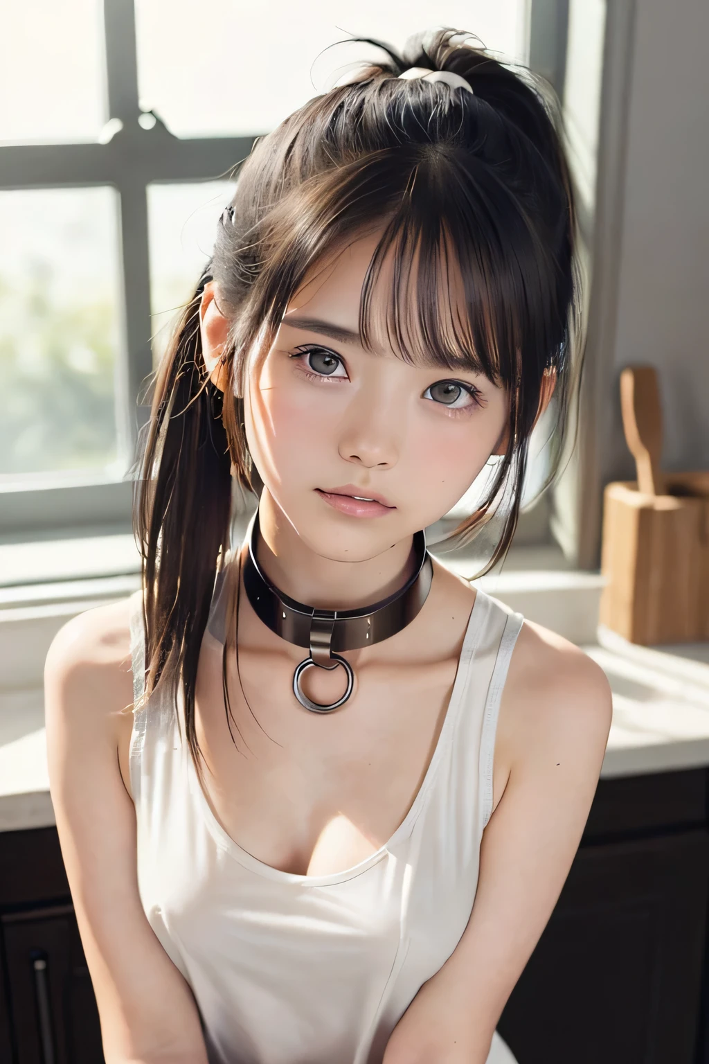 (8k,  RAW photo,  photorealistic:1.25), (looking at viewer, Messy hair, disheveled wet Hair, wet short ponytail hair, very short hair:1.8), (white headband:1.5), (cleavage, flat chest, covered nipples, white tank top, white running short pants, Track and field wear:1.7), (lip gloss,  eyelashes, Shiny surface, Glossy Skin,  best quality, ultra highres,  allows depth of field, Color Difference ,  caustics,  blow lighting , Natural Shading,  kpop idol),  (Swollen eyes from crying, leather slave collar:1.2) , (crying, tears, tearing, sadness), (dark background, indoor, a girl is making dinner, dark small kitchen, night view:1.4)