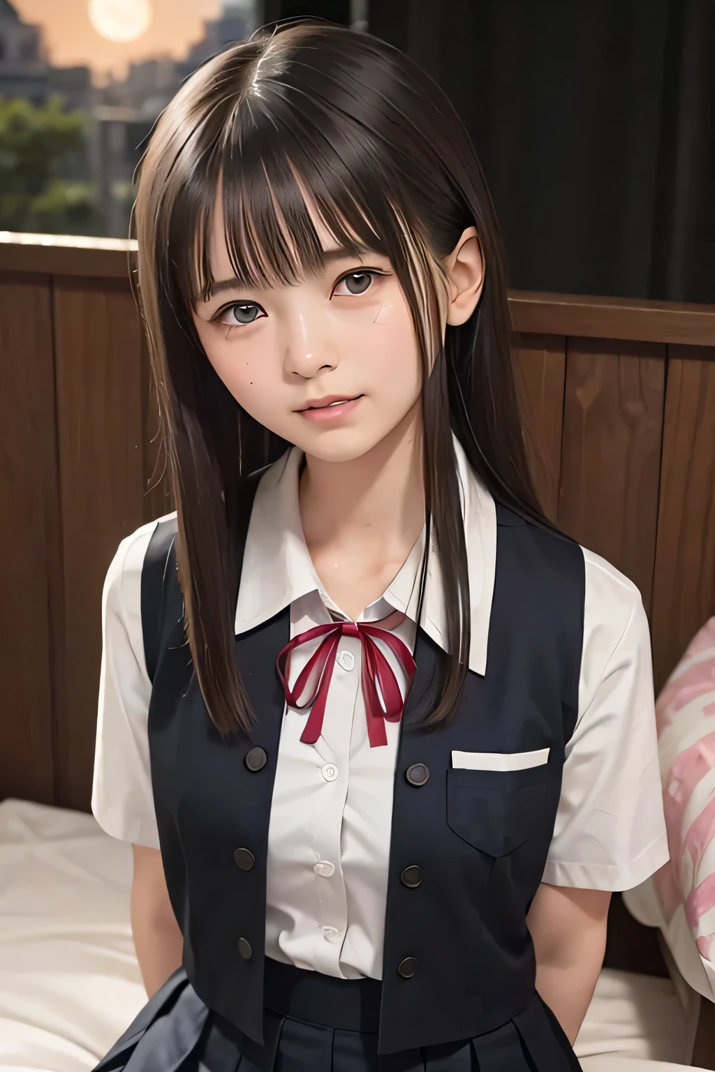 (masterpiece, Best Quality, 8K,Raw photo, High resolution:1.5), (1 girl, upper body, kneeling on the floor, Restrained girl, a girl is crying, arms behind back:1.6), (crying, sobbing, tearing, tearful, full-face blush, embarrassed, shyness), (dark background, night, indoor, moon light, bedroom, double bed:1.8), (Candid, Sophisticated, Thin arms, Narrow waist, Slim body, Slender girl:1.7), (Bokeh:1.7), (cleavage, small breasts:1.5), Beauty, (taken off shirt, Unbuttoned shirt, naked open shirt, vest, school uniform vest with red ribbon, short sleeve shirt, Pleated miniskirt, slave metal collar, chained handcuff:1.9), (short two braids hair, black eyes:1.8), (forehead:1.2), japanese