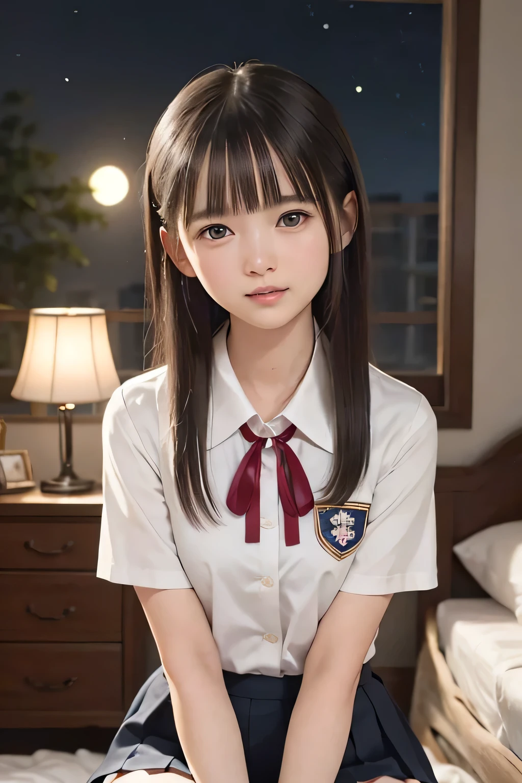 (masterpiece, Best Quality, 8K,Raw photo, High resolution:1.5), (1 girl, upper body, kneeling on the floor, Restrained girl, a girl is crying, arms behind back:1.6), (crying, sobbing, tearing, tearful, full-face blush, embarrassed, shyness), (dark background, night, indoor, moon light, bedroom, double bed:1.8), (Candid, Sophisticated, Thin arms, Narrow waist, Slim body, Slender girl:1.7), (Bokeh:1.7), (cleavage, small breasts:1.5), Beauty, (taken off shirt, Unbuttoned shirt, naked open shirt, vest, school uniform vest with red ribbon, short sleeve shirt, Pleated miniskirt, slave metal collar, chained handcuff:1.9), (short two braids hair, black eyes:1.8), (forehead:1.2), japanese