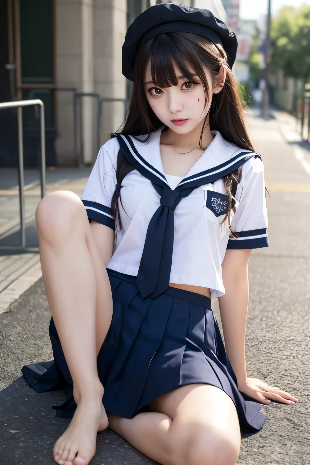 ,(In 8K,highest quality,Ultra-high resolution output images,),(Intricate details,),(Set the picture mode to Ultra HD),Detailed clothing features,Detailed hair features,Detailed facial features,((school uniform:1.3)), ((Sailor suit:1.3)), White shirt, Short sleeve, Black pleated skirt, High school girls, cute, , Red ribbon, Station stairs, The background is buildings, Full Body Shot, ((Knee Up:1.3)), Black pleated skirt, nsfw:1.5, ((spread legs:1.3)), ((Showing panties:1.3)), smile, (Brown medium hair,bangs), Nogizaka、cute、Flexible fingertips,Beautiful dark eyes、Natural skin texture:1.3, Realistic eye and facial details:1.7、Staring at the audience,Lift up the skirt, School Bags