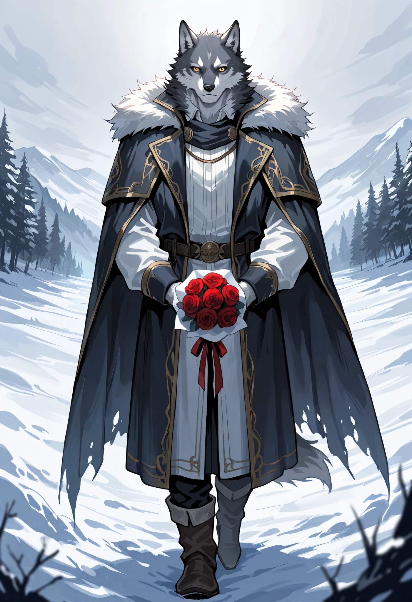 fairy tale, cute and blue eyes ,a male rabbit with a bouquet of red roses standing in an antique street, full body, wearing black iron armor and hat,cloak, fluffy tail, snow background, bright colors, eyes focus, <lora:FairyTaleV1a_SD1.5:0.9>