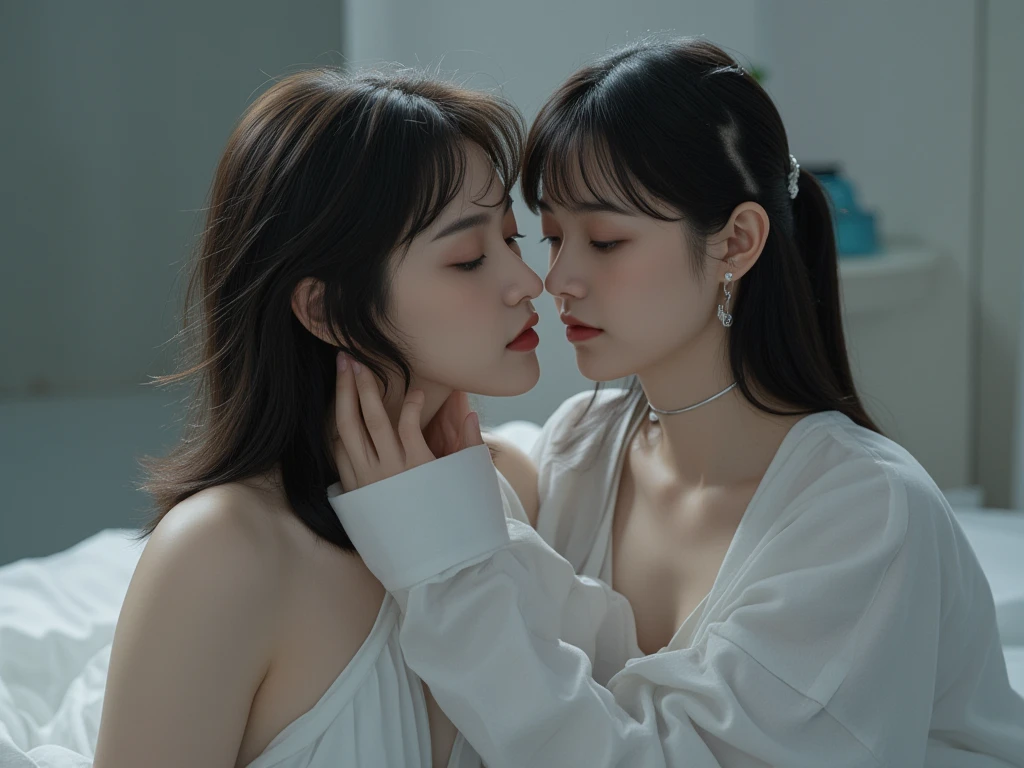 Highest quality, 4K, 8k, High resolution, 最High resolution、High resolution、Highest quality,Tabletop:1.2, Very detailed, Realistic:1.37,Garden Girl, Real Live Action、Realistic、RAW Photos、masterpiece、2. Japanese women,30 years old,Professional Lighting,Passionate lesbian couple、Lesbian Kiss、Two Girlsがキスをしている、Fierce love、Deep Kiss、beautiful, Delicate eyes that intertwine, beautiful detailed lips, Very sexual, Sexual Hands, Sexual Body, Sexual wet lips, 
Very detailed目と顔, Long eyelashes, Two Girls, Soft lighting, 
Natural scenery, Vibrant colors, summer, Very thin and see-through, Refreshing atmosphere, (See-through mini T-shirt)、
(sexual dynamic pose:1.47), (soaked:1.4), Push down, 
Touching her crotch, 