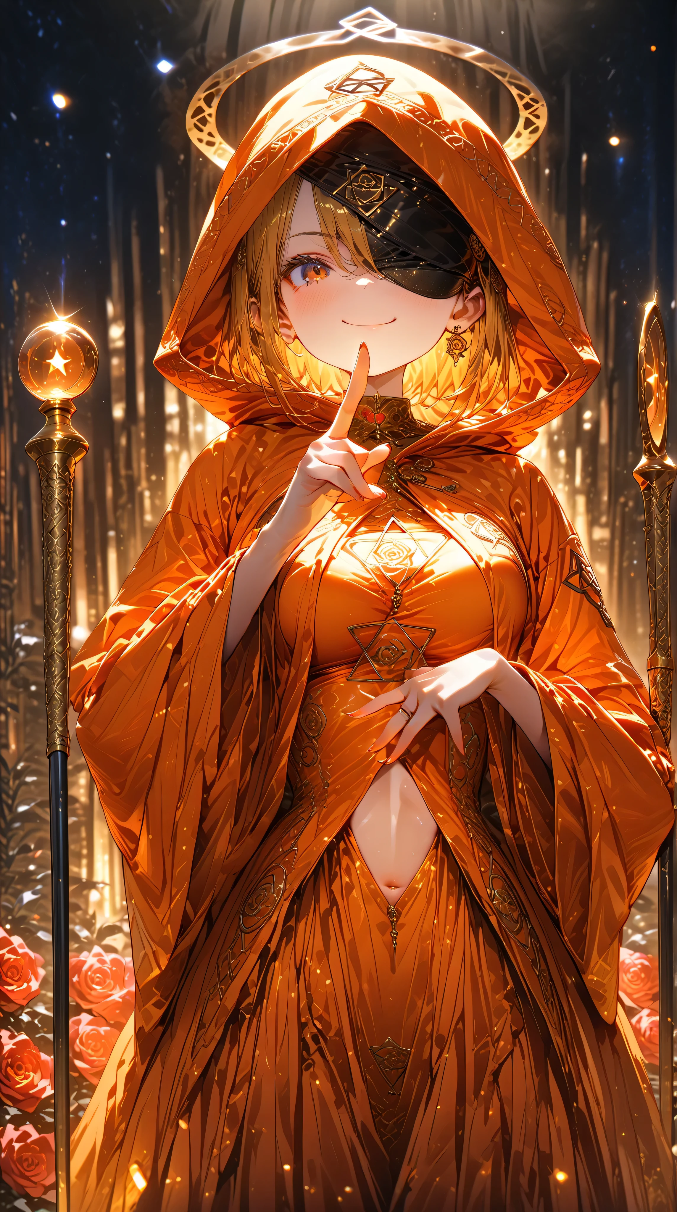 (( Masterpiece, high image quality ,8k)),(( very detailed , perfect picture with roses)),( perfect anatomy),(ultra detailed),((cowboy shot)),( Fortune Teller),( Osiris god ),( orange dress),( wearing a big hood),((Giant Rose Flower )),(Exposing the abdomen),(Exposing arms),(( one adult woman)),(hexagram emblem), ( pitch dark background),Space image,((scepter)),((front shot)),((black blind fold)),god, mysterious ,((Hold a cane in your right hand ,The left hand has 2 fingers pointing downwards)),(smile),(Close your mouth),Look down,(cool lady),((adult)),(slender),( golden hair),god々Shii,((straight hgair)),(slicked back hair), breasts, dark eyes, dark hair,Orange cow