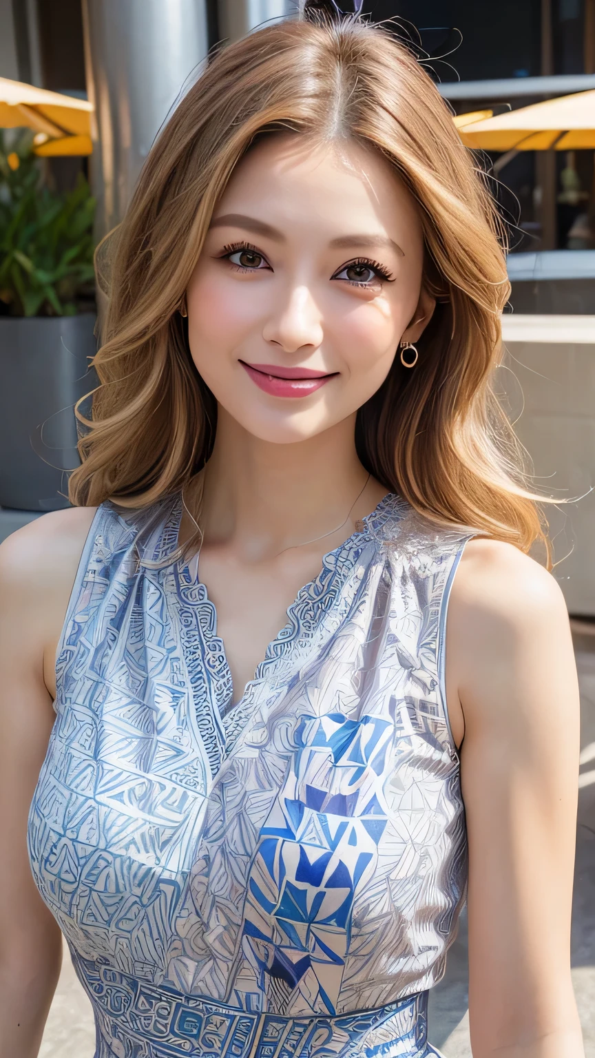 very detailed, masterpiece , top quality , (( Photorealistic :1.4)), (( Slender Body:1.4))、Super skinny 30-year-old Japanese woman , detailed face , beautiful eyes in every detail 、(( natural makeup)) 、(()), ( slim, toned and beautiful body:1.3)、(( light beige hair 、 Ragged Wavy Long Hair:1.3、 asymmetry)), graceful and sophisticated 、goddess、(( from waist to head))、(( Sleeveless Office Dress 、Geometric Art Pattern :1.3))、((Istanbul Hotel Terrace ))、(( staring at the camera、 fresh smile))、(( Professional Cool Lighting:1.2 ))、Standing leaning、