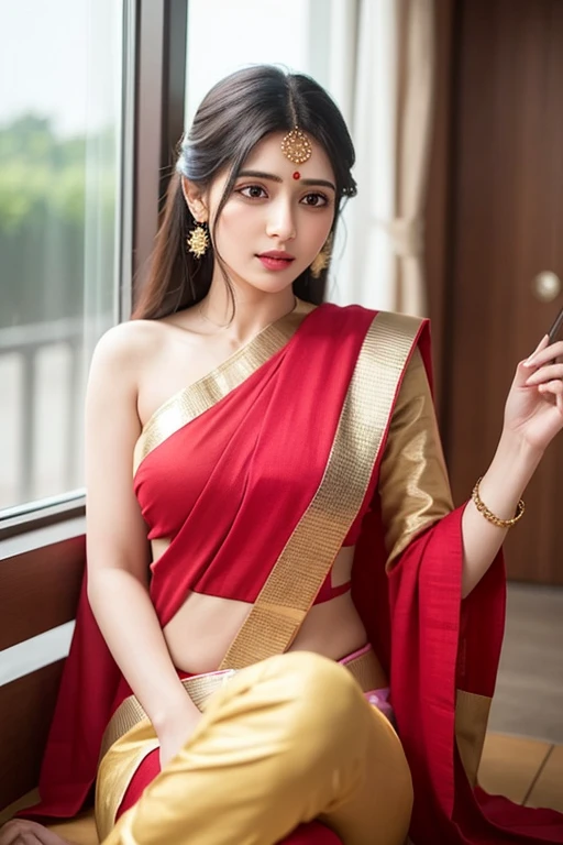 ((masterpiece)) (hd quality) (high detailed) Beautiful model Indian, wearing saree, random color, chubby cheeks, showing abs, 8k wallpaper
