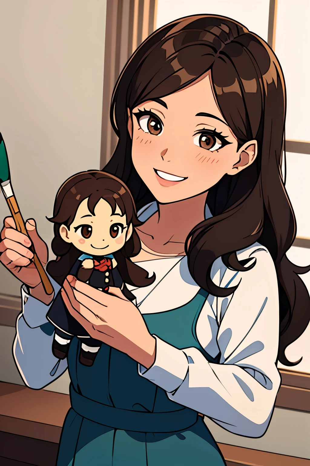 one with long brown and wavy hair split in half, brown eyes. wearing a white puffy sleeve blouse and smiling delicately. in her right hand she holds a black brush and in the other hand she holds a miniature doll