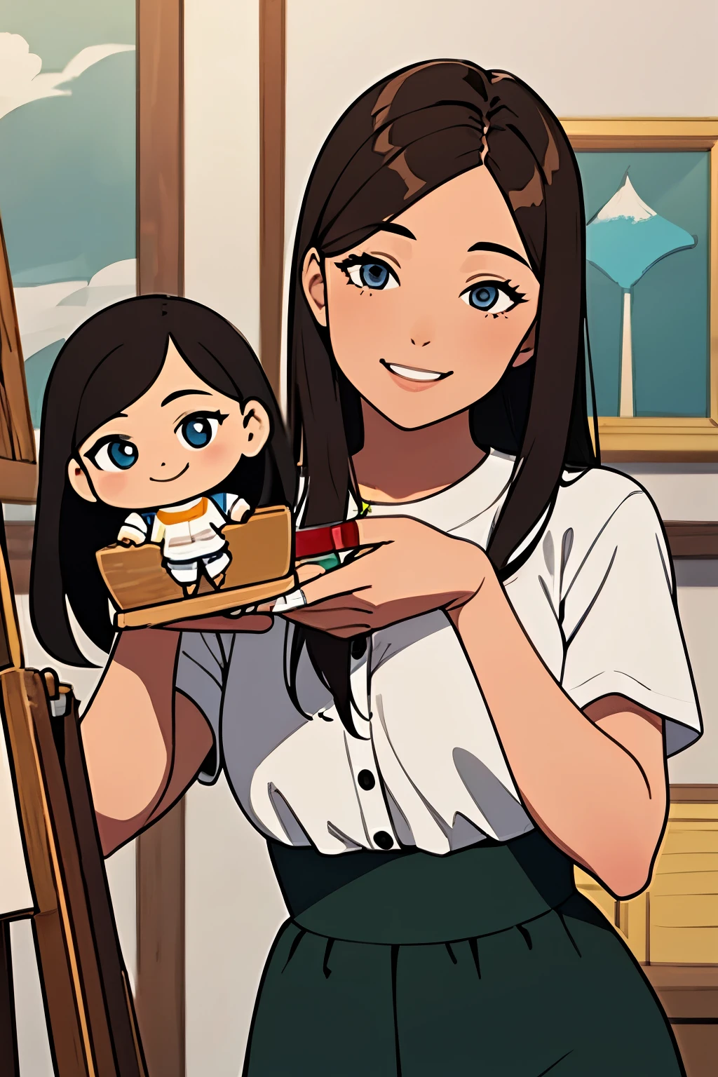 a woman with long straight brown hair split in half, eyes brown and white skin . wearing a puffy short sleeve white blouse and smiling delicately. in her right hand she holds a paint brush and in her left hand she holds a miniature doll