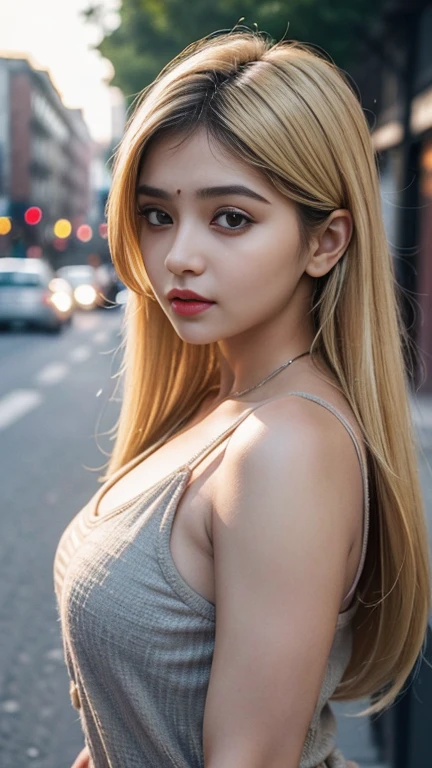 a 30-year-old brazilian woman; wavy blond hair; brown skinned; chubby face; ((green eyes)); using a white chinese blouse; orange lipstick; small ball earrings; background: full hd night city; hyper realistic photo; perfect details; high definition