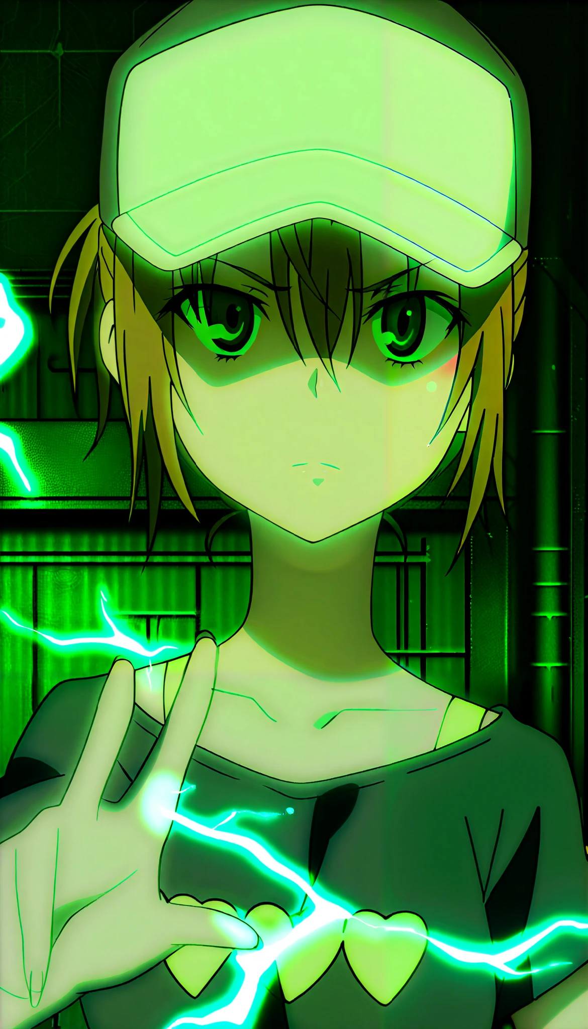 (masterpiece),best quality,amazing quality,very aesthetic,absurdres,newest,perfect body,shiny skin,perfect eyes,detail1eye,well-defined fingers,well-defined fingernails,anime style,indoors,1girl,solo,(portrait:1.5),looking at viewer,facing viewer,Misaka mikoto,casual clothes,baseball cap,alternate hairstyle,short hair,short ponytail,brown hair,hair between eyes,bangs,brown eyes,collarbone,bra strap,t-shirt,black shirt,heart print,electricity,electrokinesis,green shorts,short shorts,sneakers,