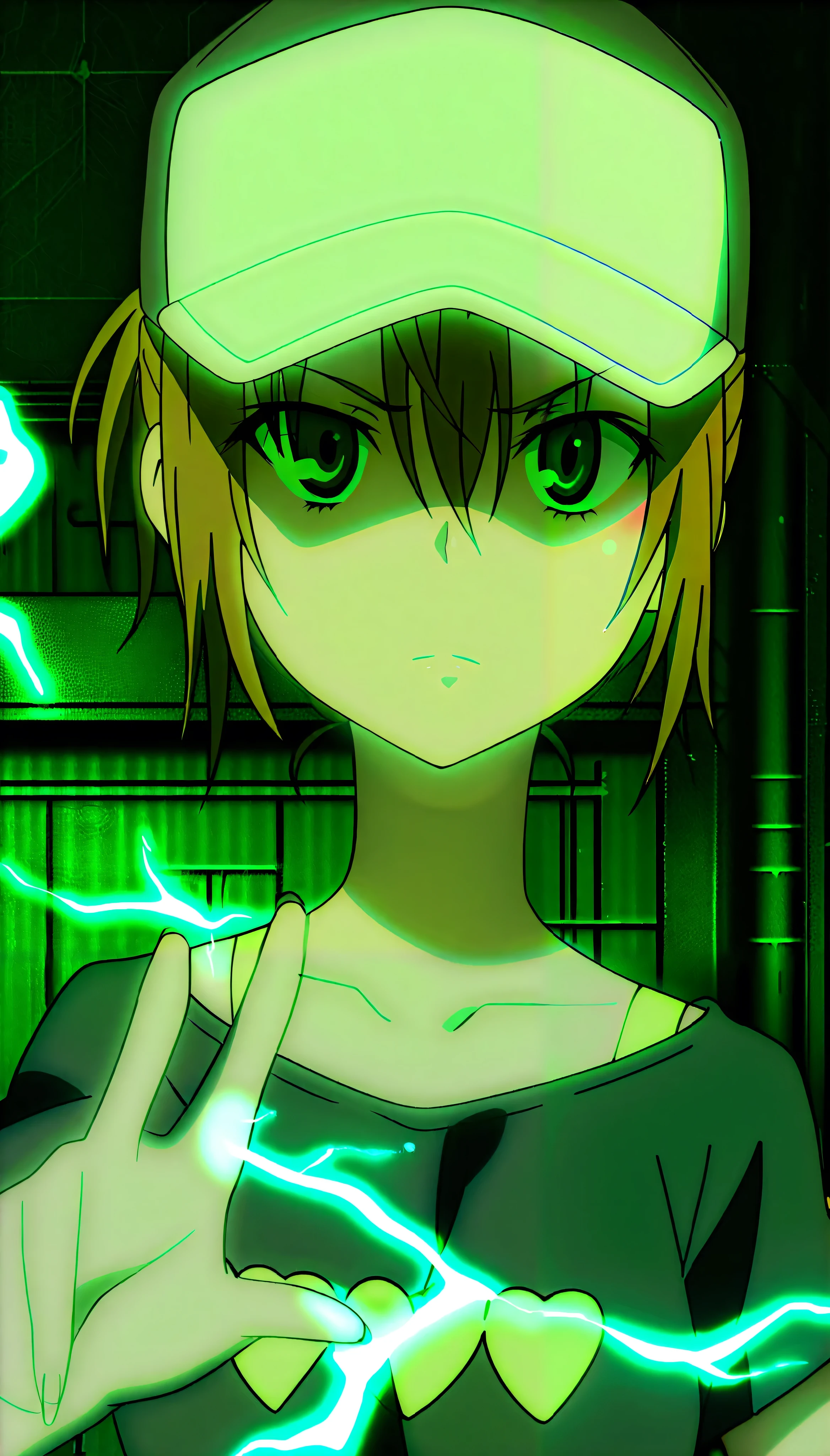 (masterpiece),best quality,amazing quality,very aesthetic,absurdres,newest,perfect body,shiny skin,perfect eyes,detail1eye,well-defined fingers,well-defined fingernails,anime style,indoors,1girl,solo,(portrait:1.5),looking at viewer,facing viewer,Misaka mikoto,casual clothes,baseball cap,alternate hairstyle,short hair,short ponytail,brown hair,hair between eyes,bangs,brown eyes,collarbone,bra strap,t-shirt,black shirt,heart print,electricity,electrokinesis,green shorts,short shorts,sneakers,