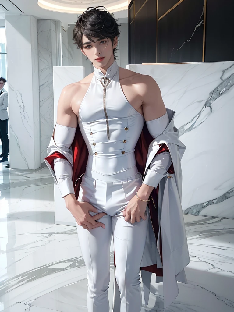 Style sexy male hot magazine cover，White linen background and fabric（man1：Tom Holland 。 Pale gold light。Very light white skin，。Bone cap back，Beasts from an alien hell。Sexy workwear open folding fabric] [Big。 strong。 Protruding breastplates, round pectoral muscles, very prominent and absurdly huge, are heavy trims。Low brightness。Great toned skin makes folds and specific details。Full length legs。Fiber-Muscle，Your small skin tone correction，veiny muscles，neck-vascular，Hand perfect veins，Skinny belly。Flat belly bulge，thinness。（Finger definition）nail-normal。Vein in thighs，Broad and huge shoulders，Broad triceps。Sexy leather case。scapula，Back work，Reduces buttocks。Buttocks - male muscles，Buttocks - male。[，（Side profile） （Partition-deep gluteus 1.2）（ Underwear decoration： 2） （And shows hairy knuckles） （Raised volume： 1.3） （Buttock posture）（Gesture super pose） （Stretched arms） （looking at viewert）。（Flexible dynamic distortion）（Bend your triceps or strong biceps） POV Viewer：Look up on the ground）]（Face simulation font lighting、Side lighting] [HDR、Light super resolution、PBR Texture、Post-processing、Anisotropy Filtering、clarity and sharpness、Many-Layer Textures、Albedo e mapas Speculares、Surface smooth texture shading、8k hdr、perfectly proportions、rendering by octane、Two-tone subshader、Low ISO、White balance。the rule of thirds，Environmental occlusion。Wide aperture，8K，High-Efficiency Sub-Pixel，Subpixel twitching，Luminous Particle，Light scattering，Tyndall effect。PRECISE DIFFUSION。 --auto