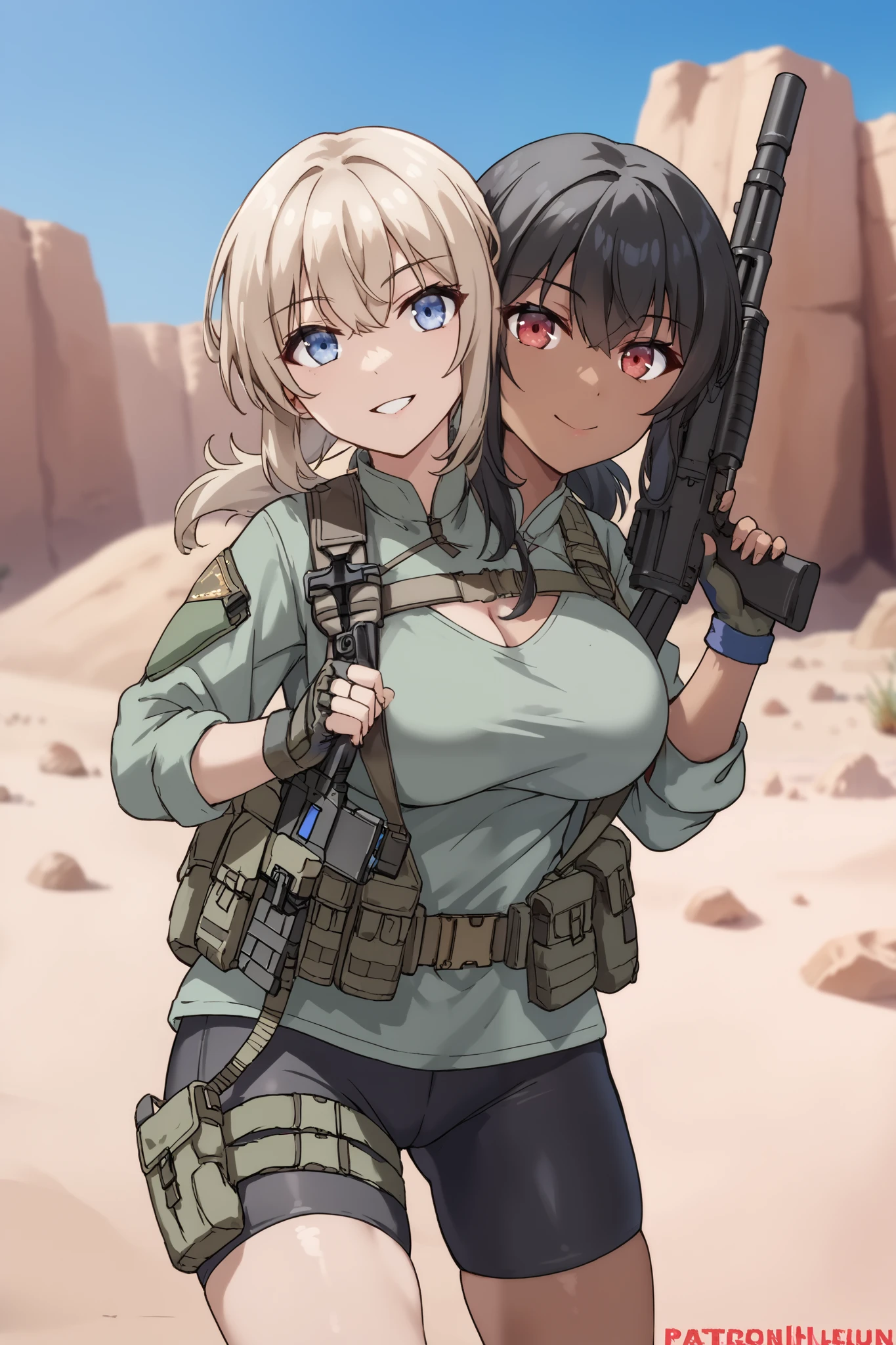 2heads, twoheads, a tall thin woman with 2 heads, white hair, black hair, blue eyes, red eyes, half dark skin and light beige skin, two tone skin, light beige skin, dark skin, ponytail hair, combat shirt, bike shorts, gloves, tactical gear, large breasts, front shots, desert, upper body,