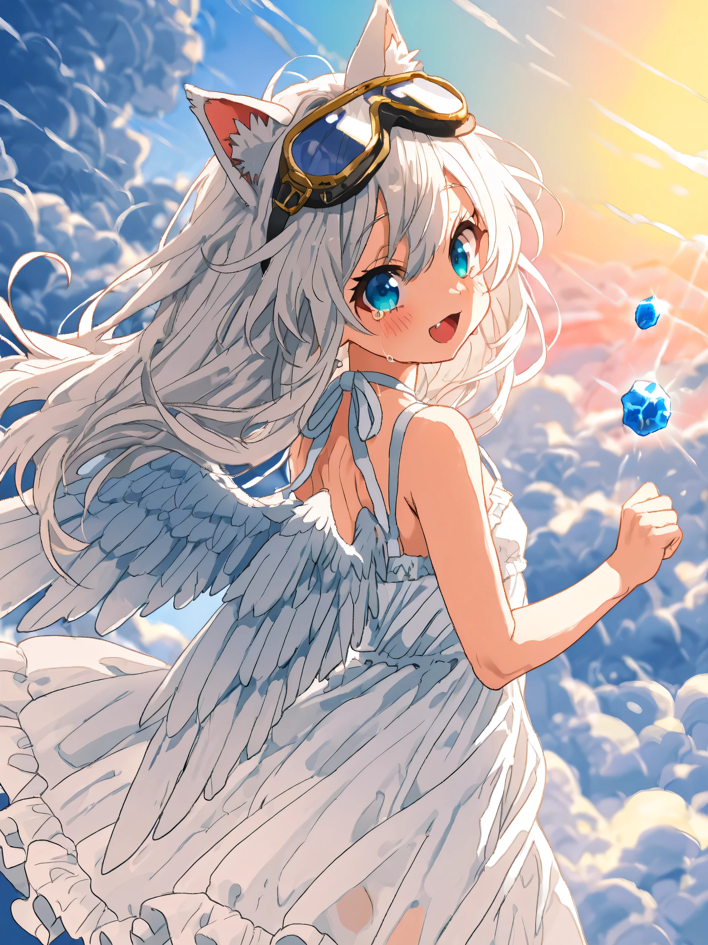  beautiful、 will she be able to find love 。A beautiful outline that looks like it was drawn with a magic pencil。(The greatest masterpiece with a clear depiction and ultra-high resolution:1.1)、（ goggles and cat ears 、 women around the world wear goggles and cat ears all the time、 casts a delicate and playful shadow on her gentle expression ：1.25）

 girl dancing in the far sky - wearing rose gold goggles and cat ears、 、break,( highlights her small presence 。 、 quietly shakes in the wind 、 Flapping her wings toward the ultimate confession of love .)

Beneath、 the endless expanse of earth 、 With a big smile and tears on your face While 。 a majestic mountain in the distance 々A series of、 that it's somewhere in this endless sky 。 what is that vast landscape 、 the mysterious light illuminates the girl's trajectory 、 and at the same time 。

( there is a rainbow in the sky 、 she just keeps flying earnestly 。 colorful lights color the sky 、 the sea of clouds bathed in the rising sun shakes fantastically 、 Beautiful shining 。:1.3) The wind is stroking her cheeks 、 where her hair swells 、 the golden prairie spreads like waves 、 with crystal clear angel wings spread out on her back 。

 her heart thunder 。 in this endless world 、 the world speaks to her -- love surely ？ searching for answers to that 、 what awaits at the end of the journey to find love 。

 the  and the vast world 。 what awaits at the end of the journey to find love 、 what exactly is 。