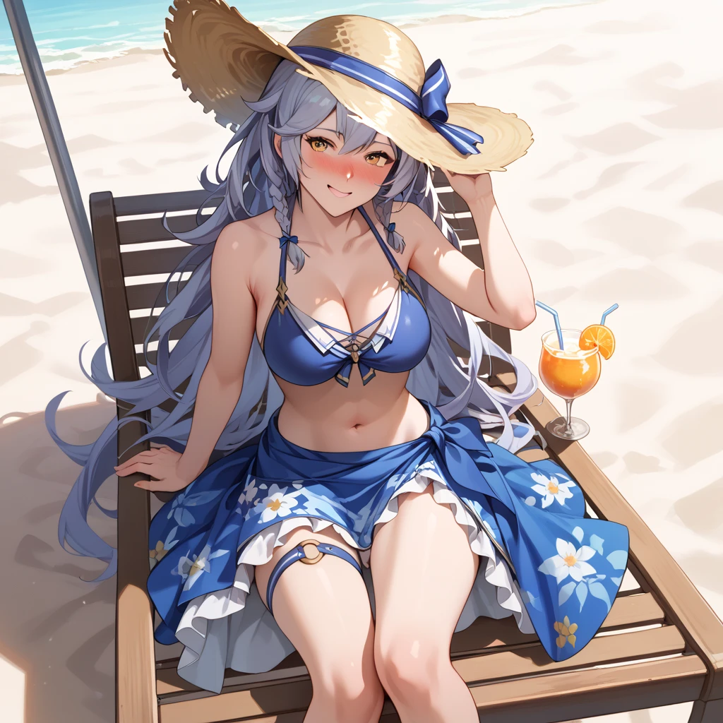 (ultra high resolution, 8K wallpaper, masterpiece, extremely detailed illustration, clear focus), anime moe artstyle, (POV), 1 girl, solo, looking at viewers, sumshizuru, long hair, purple hair, straw hat, twin braids, white bikini, necklace, flower bracelet, belt, thigh strap, sunflower, bright fine pupils, beautiful eyes with highlight, high detailed face, ((lying on the sandy beach)), smile, closed mouth, outdoor, beach, wet, palm trees, night, starry sky, cinematic lighting, (correct anatomy),