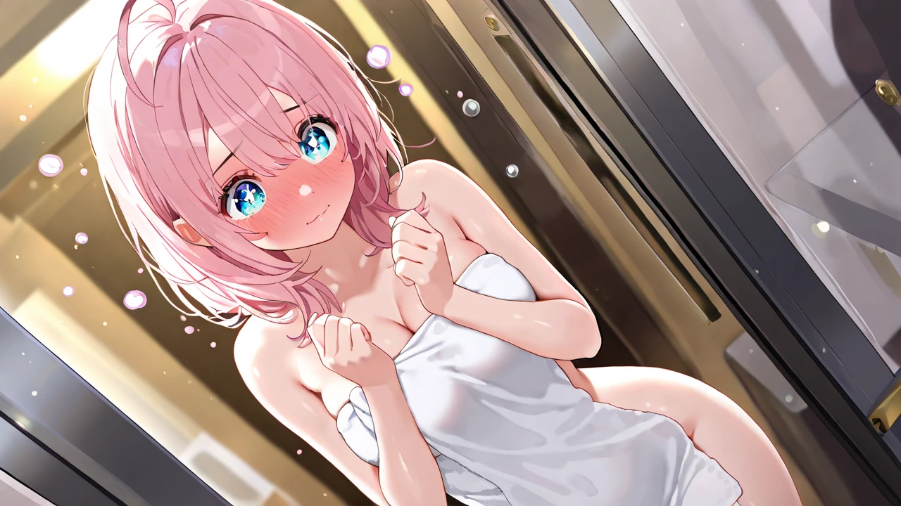 masterpiece, absurdres ,1girl, haruno sakura,forehead mark, red hairband, blue gym hot outfit,navel, groin, bracelet, looking at viewer, bathroom, , , medium breasts, hot, best quality, 8k, ultra detailed body, wide open mouth, sakura face, body correction