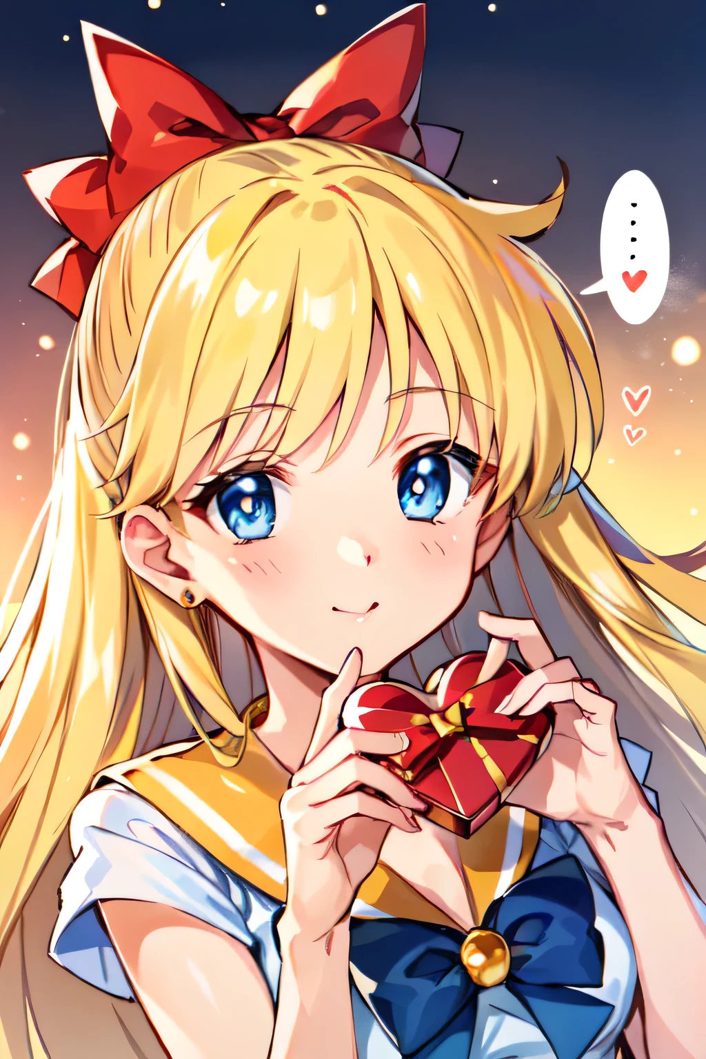 Masterpiece, top quality, Ultra Detailed, 8K, Anime, face focus, (Aino Minako), (Sailor Venus), blue eyes, long hair, orange hair, smile, blush, orange Sailor, blonde long hair with red ribbon, incoming Valentine gift:1.1, looking slightly down at viewer, incoming Valentine chocolate:1.4, monotone background, text bubbles
