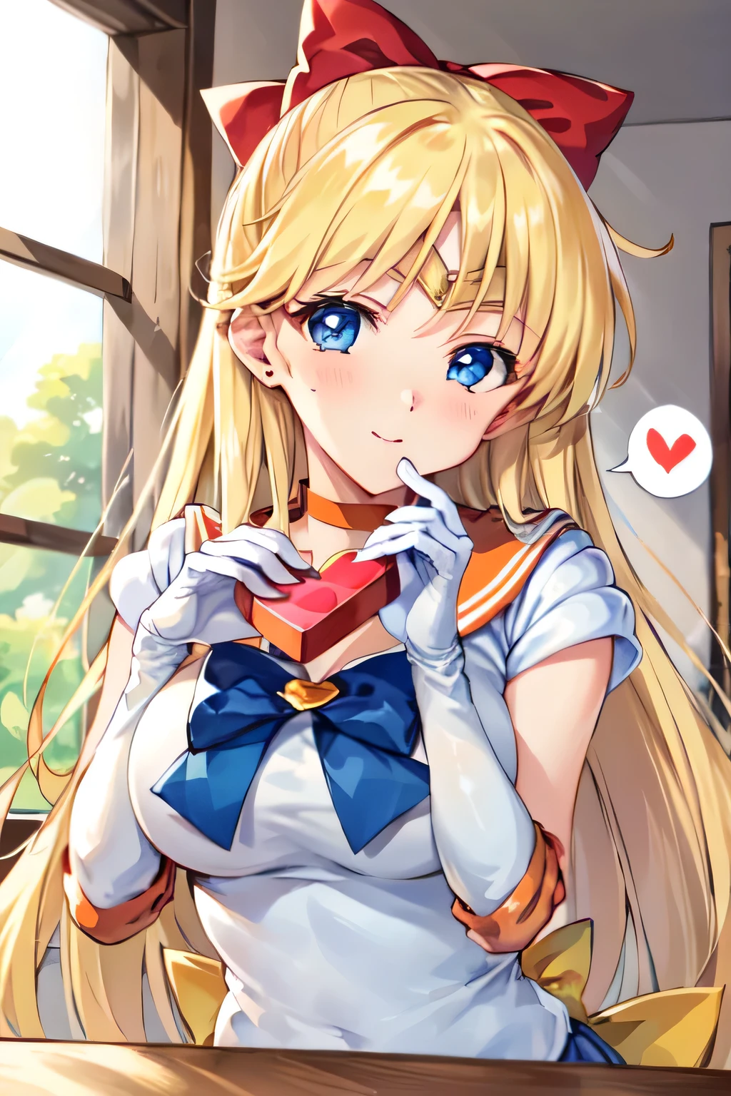 Masterpiece, top quality, Ultra Detailed, 8K, Anime, face focus, full front:1.3, (Aino Minako), (Sailor Venus), blue eye, smile, shy:1.3, blush:1.4, orange Sailor, blonde long hair with red ribbon, incoming Big Valentine gift:1.1, gazing at viewer, incoming Valentine chocolate:1.4, monotone background, text bubbles into heart symbol