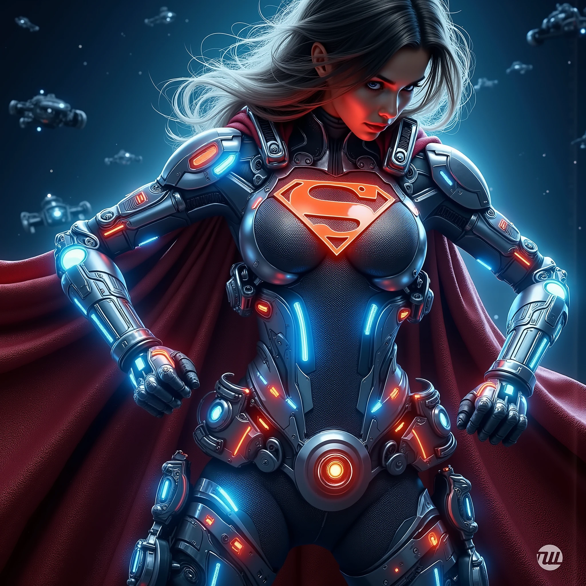 A dynamic portrait of a futuristic Japanese superheroine, wearing a sleek mechanized black and silver suit inspired by Superman's design but with cyberpunk elements. The suit features glowing blue energy lines, holographic displays, and advanced armor plating. Her black cape is made of nano-fabric that flows dramatically in the wind. She has striking Asian features, vibrant neon-colored hair, and determined expression. The background shows a neon-lit Tokyo cityscape at night with flying vehicles. Digital art style, hyper-detailed, ultra-realistic textures, ambient lighting, 8K resolution, unreal engine rendering.