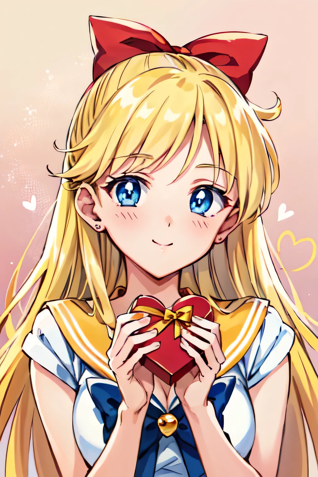 Masterpiece, top quality, Ultra Detailed, 8K, 1990's Anime, face focus, full front:1.3, (Aino Minako), (Sailor Venus), blue eye, smile, shy:1.3, blush:1.4, orange Sailor, blonde long hair with red ribbon, incoming Big Valentine gift:1.1, gazing at viewer, incoming Valentine chocolate:1.4, monotone background, text bubbles into heart symbol:1.3