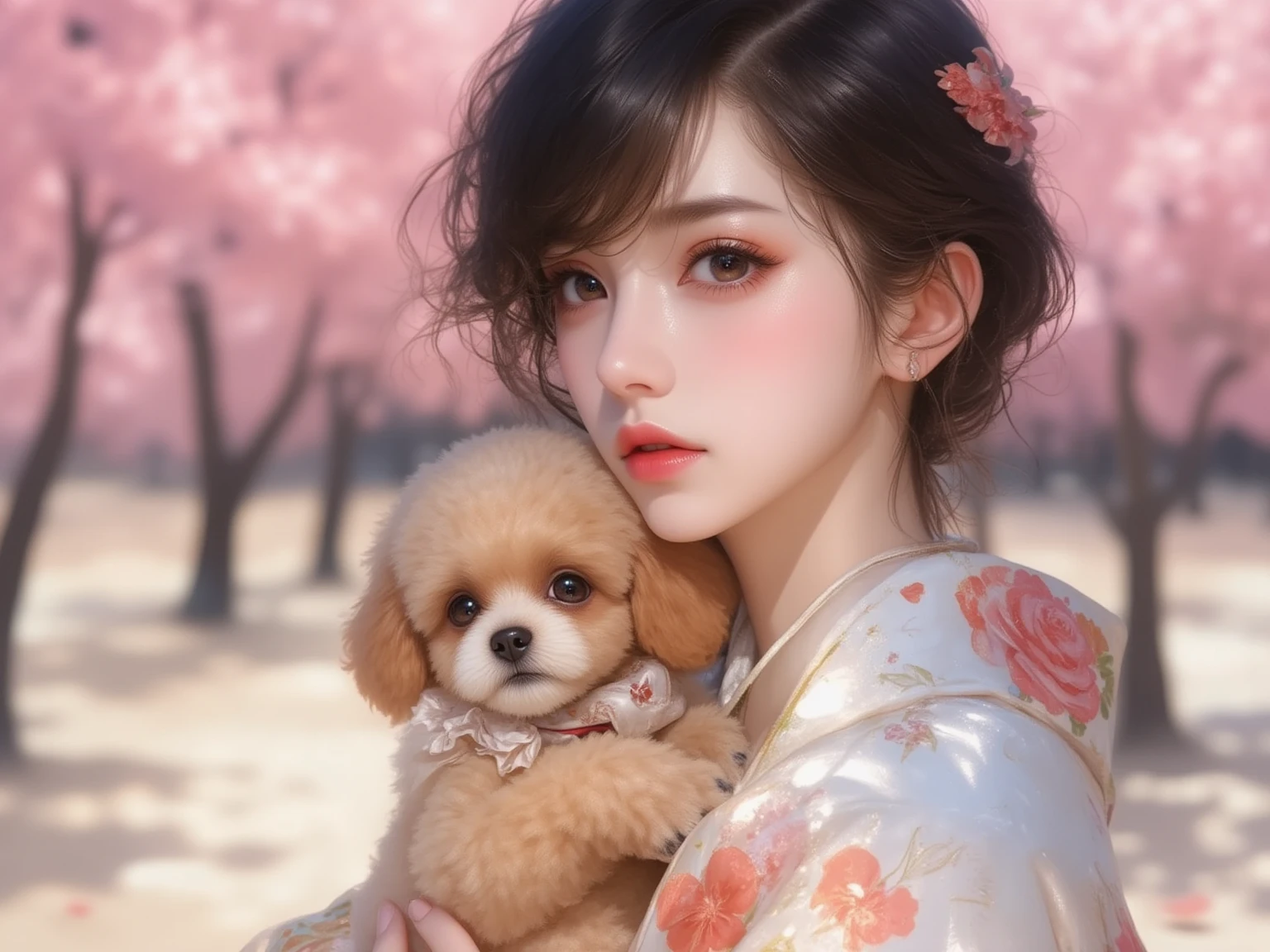 1girl, art by Hayao Miyazaki, Yorkshire Terrier, Cute, Floral motives
