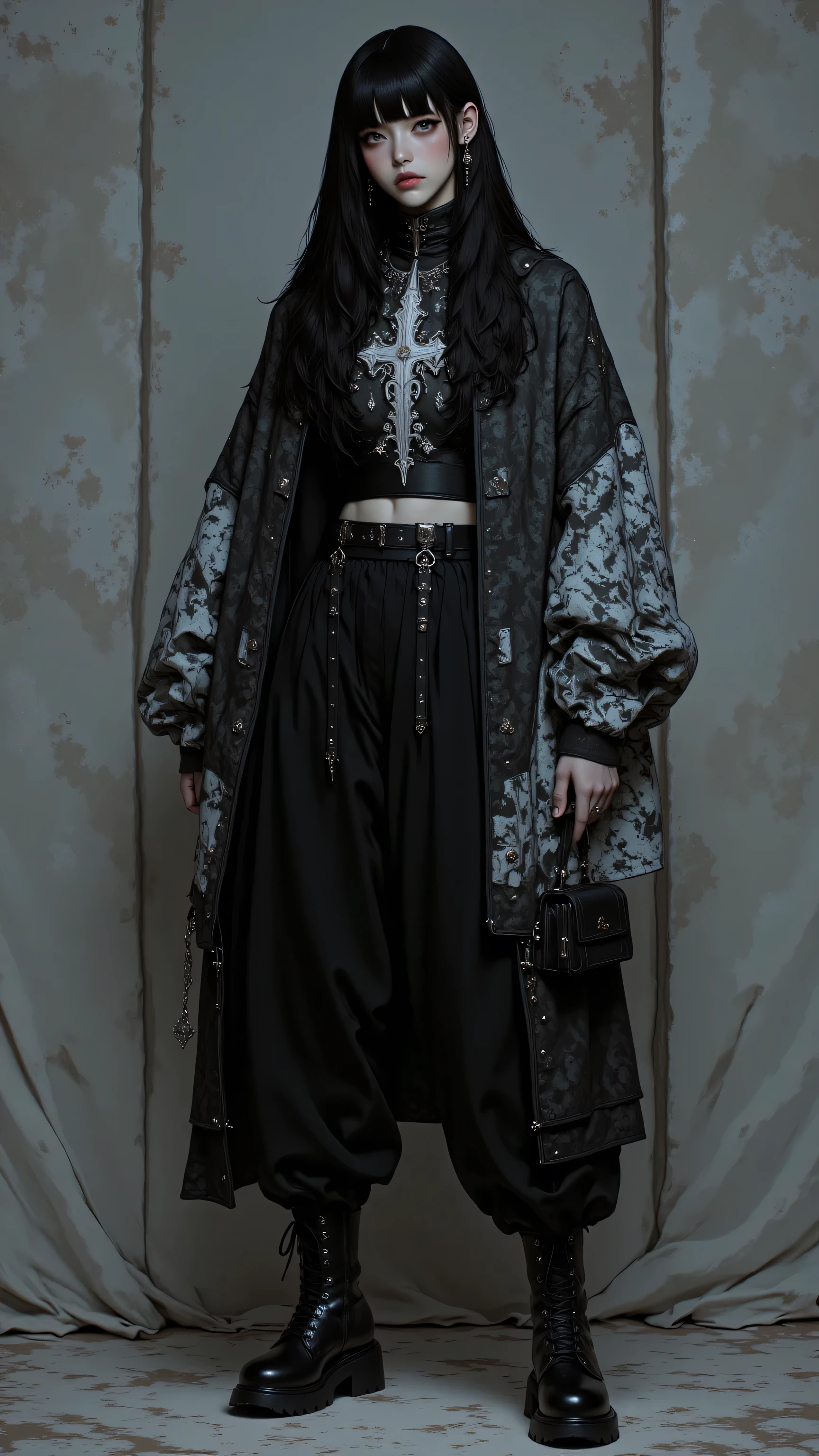 8k, masterpiece, highest quality, Surrealism, Korea's Beautiful Women, Close-up, frontal, long black hair, straight bangs, pale skin, dark eyes, black and white jacket, graphic design, sheer black top, black pleated pants, chunky black boots, rounded toe, small dark handbag, chain strap, black fingerless gloves, edgy style, gothic style, textured gray wall,