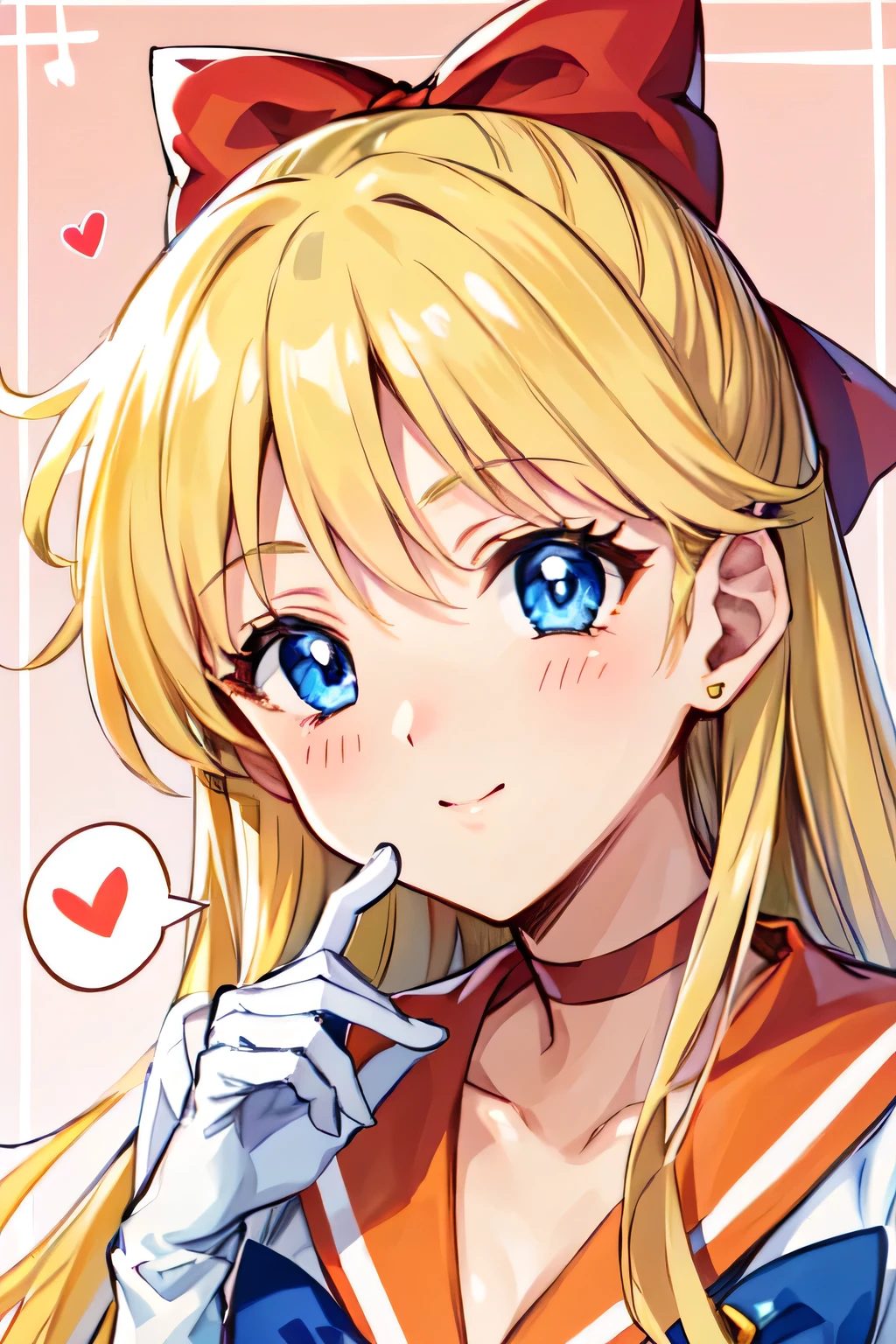 Masterpiece, top quality, Ultra Detailed, 8K, Anime, face focus, full front:1.3, (Aino Minako), (Sailor Venus), blue eye, smile, shy:1.3, blush:1.4, orange Sailor:1.1, blonde long hair, incoming Big Valentine gift:1.1, gazing at viewer, incoming Valentine chocolate:1.4, monotone background, text bubbles into heart character