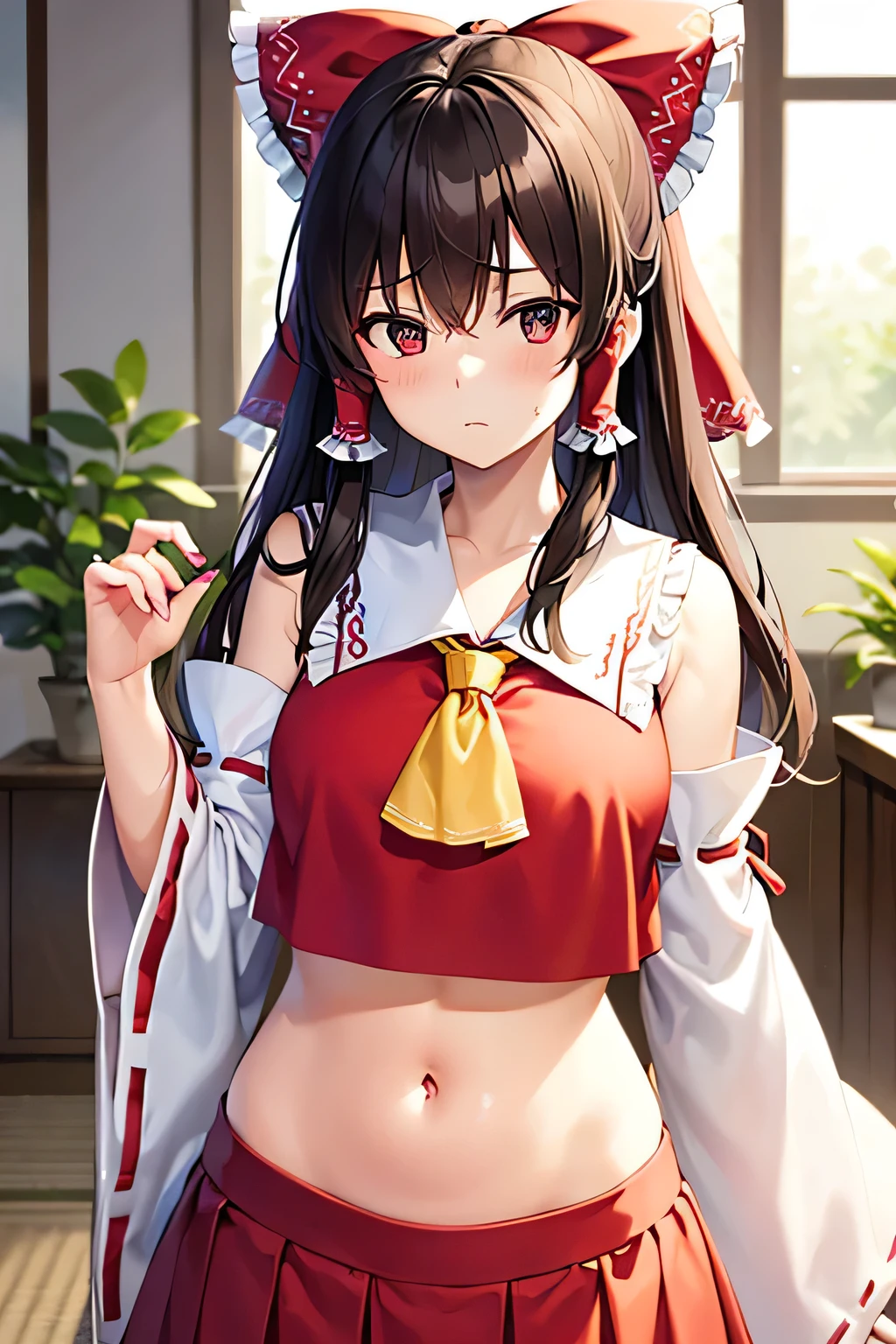 super fine illustration, vibrant colors, masterpiece, sharp focus, best quality, depth of field, cinematic lighting, ultra detailed, blush, annoyed, one eye closed, belly, navel, tummy, crop top, shrine maiden, hakurei reimu, 1girl, hair bow, ascot, hair tubes, detached sleeves, looking down, red shirt, red skirt, very long hair, very messy hair, dark brown hair, indoors, mature woman, ,hakurei reimu, 1girl, hair bow, ascot, hair tubes, miko, detached sleeves, Reimu Hakurei, hand on belly