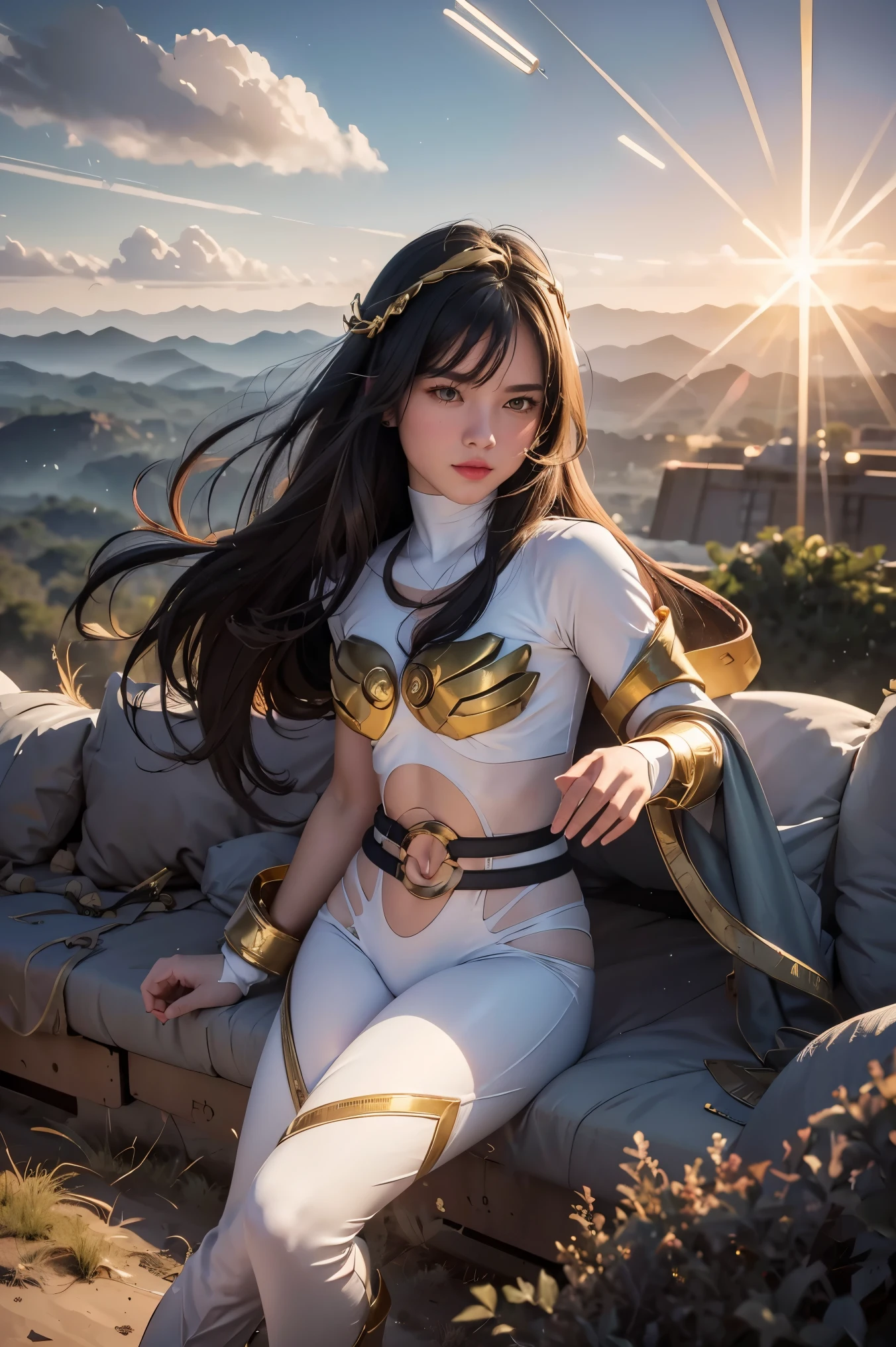 ((masterpiece, best quality, extremely detailed), volumetric lighting, ambient occlusion, colorful, glowing), 1girl, solo, young girl, (dark hair), long hair, halo, aura, sacred, goddess, cleric suit, (white outfit with gold detailst:1.3), armor, outdoors, sunset, sky, clouds, space, (fantasy theme:1.2),ม 1girl, full body, Illustration, cinematic light, high resolution, best quality, ultra-detailed, masterpiece, power suit, powerranger, suit, spd,