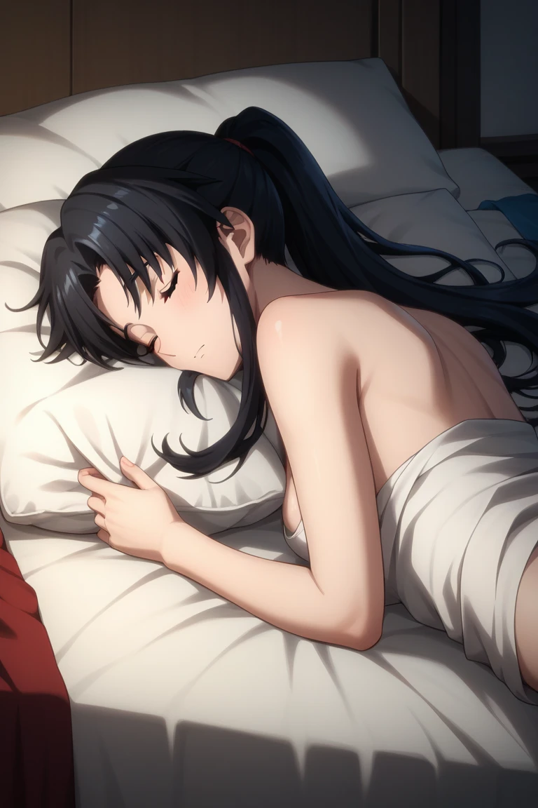 anime-style depiction of a dark tan-skinned girl clad in a cami crop top and long skirt, she has an upset stomach, she is holding her abdomen in pain, feeling sick in her stomach, she is lying down in the bed, her expression showing a lot of pain and suffering, sweat all over her body