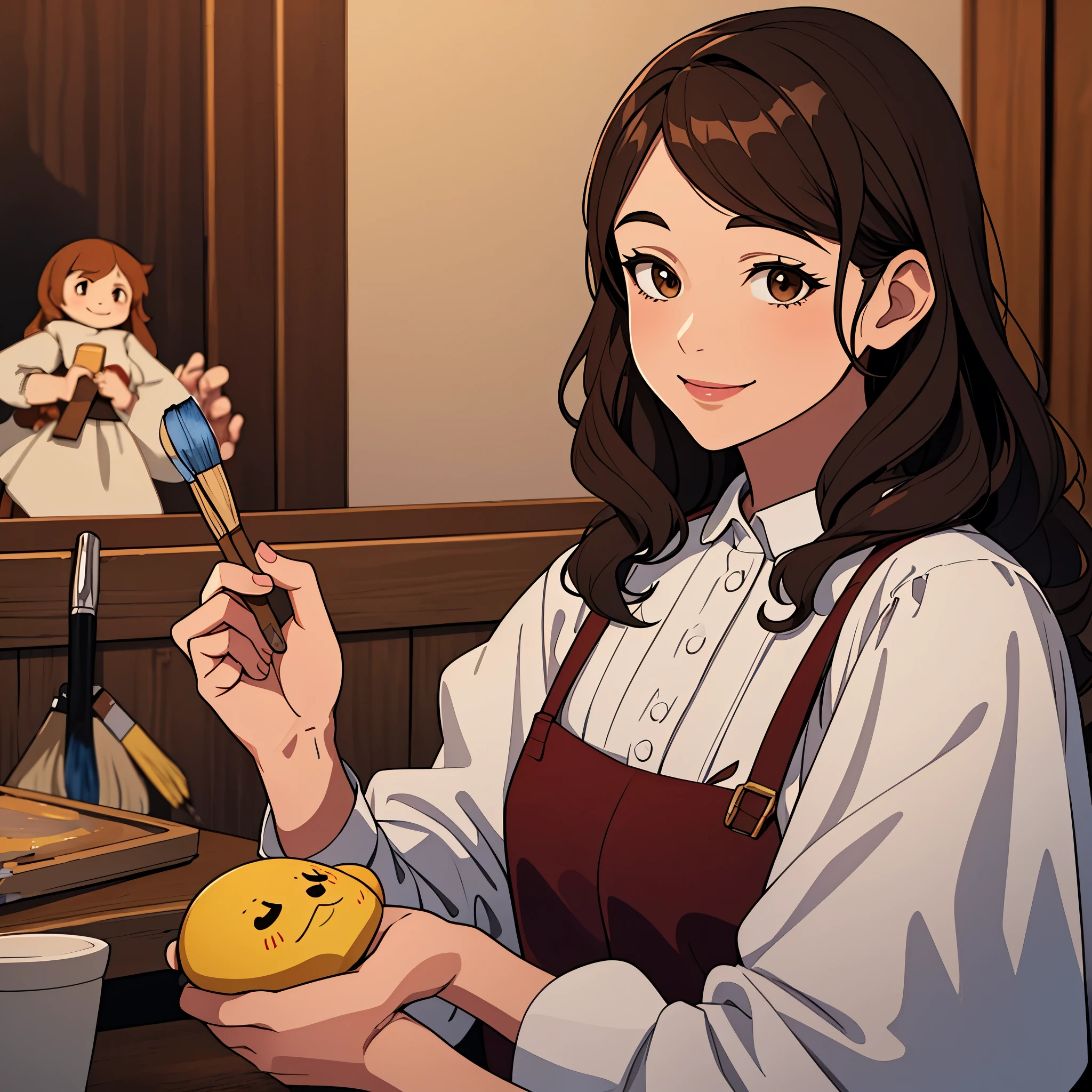 one with long brown and wavy hair split in half,  brown eyes. wearing a white puffy sleeve blouse and smiling delicately.  in her right hand she holds a paint brush and in her left hand she holds a miniature doll,  high resolution