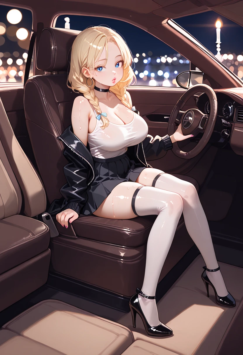 最high quality、best image quality、masterpiece、age girl((20-year-old、 By becoming、vest bust、medium bust,wide open breast tea、black eye, blonde hair、long hair、thin,highest valley、white dress、white short skirt,chest、Undressing Pose)),high quality、beautiful art、background((sedan、inside the car,encrusted diamonds))debris flies、Depth of written boundary、movie、visual art、perfect art、8K,genuine