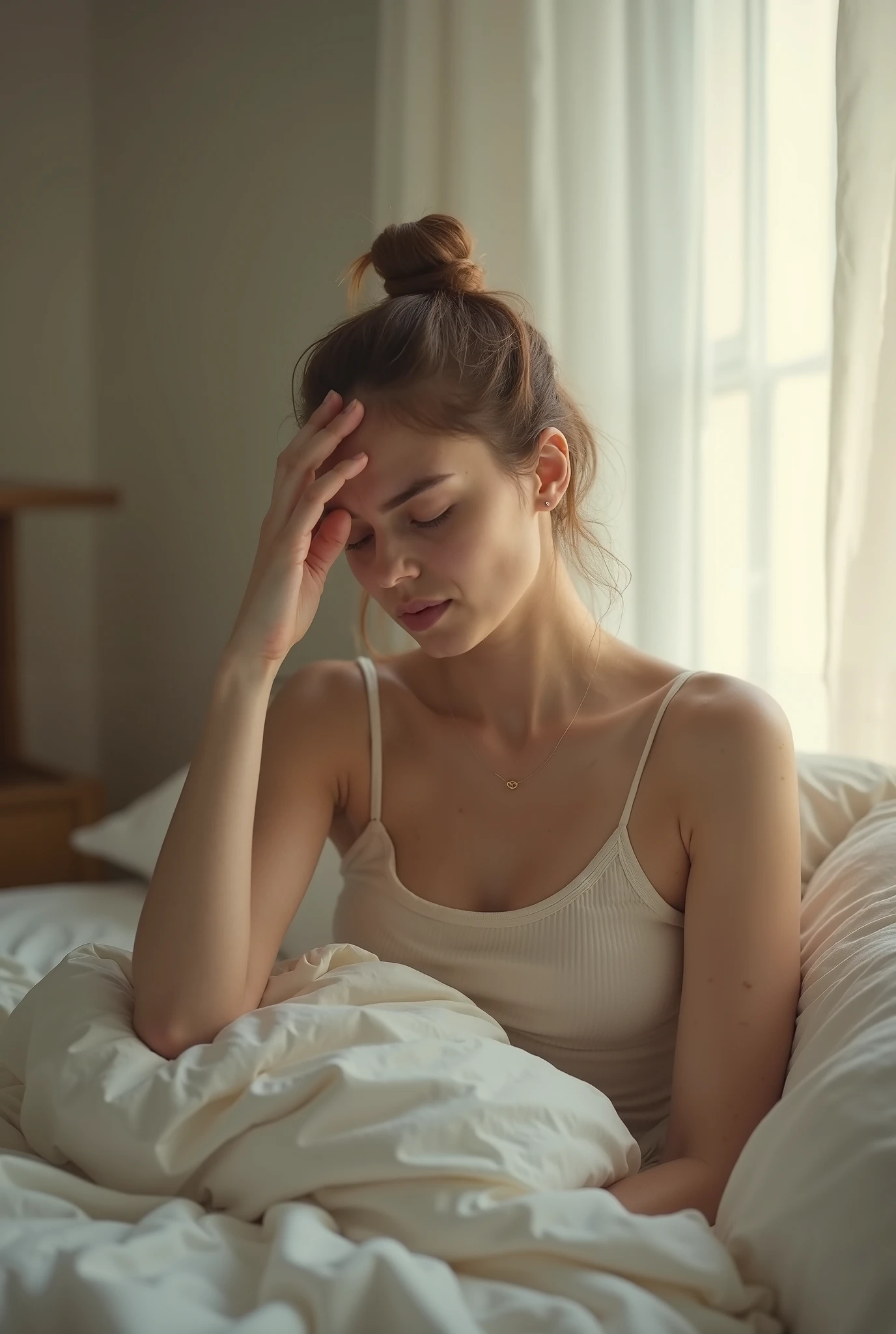 There is a woman laying in bed with a white sheet - SeaArt AI