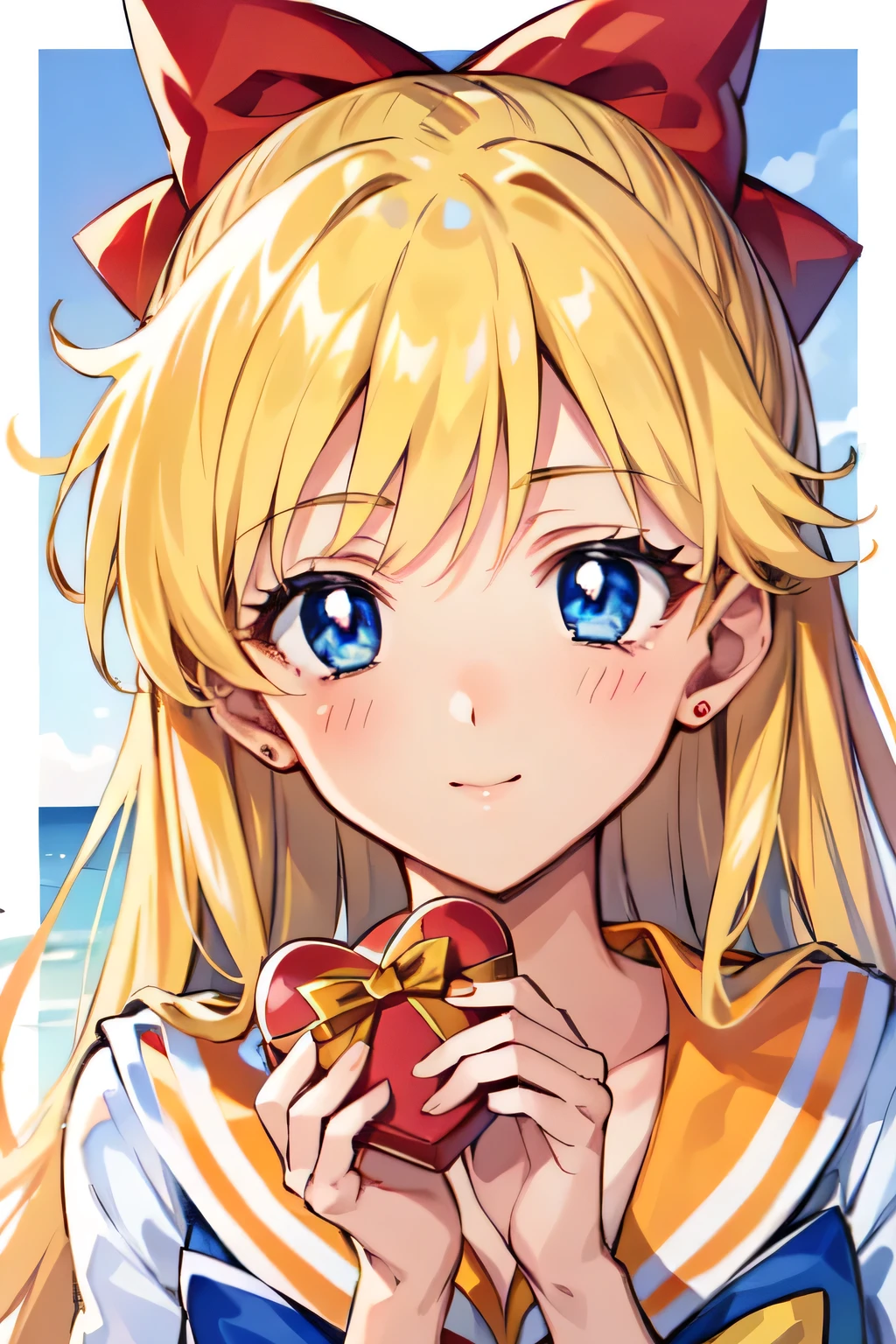 Masterpiece, top quality, Ultra Detailed, 8K, Anime, face focus, full front:1.3, (Aino Minako), (Sailor Venus), blue eye, smile, shy:1.3, blush:1.4, orange Sailor:1.3, blonde long hair with red ribbon, incoming Big Valentine gift:1.1, gazing at viewer, incoming Valentine chocolate:1.4, monotone background, text bubbles into heart character