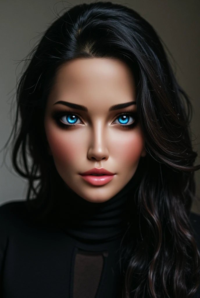 (masterpiece, photorealistic:1.4, extremely intricate:1.3), (photon mapping, radiosity, physically based rendering, ultra resolution, hyper-realistic, photorealistic:1.4, hyper-realistic, 8K), ((((closeup breasts, [medium breasts:large breasts:0.3], closeup portrait, (cheekbones, 18years)), long straight [darkblack hair:pink hair:0.6]), [makeup:natural:0.6], long eyelashes, thick lashes, loose black t-shirt), leaning forward, blue eyes, looking away), smile. laugh, from below:0.8