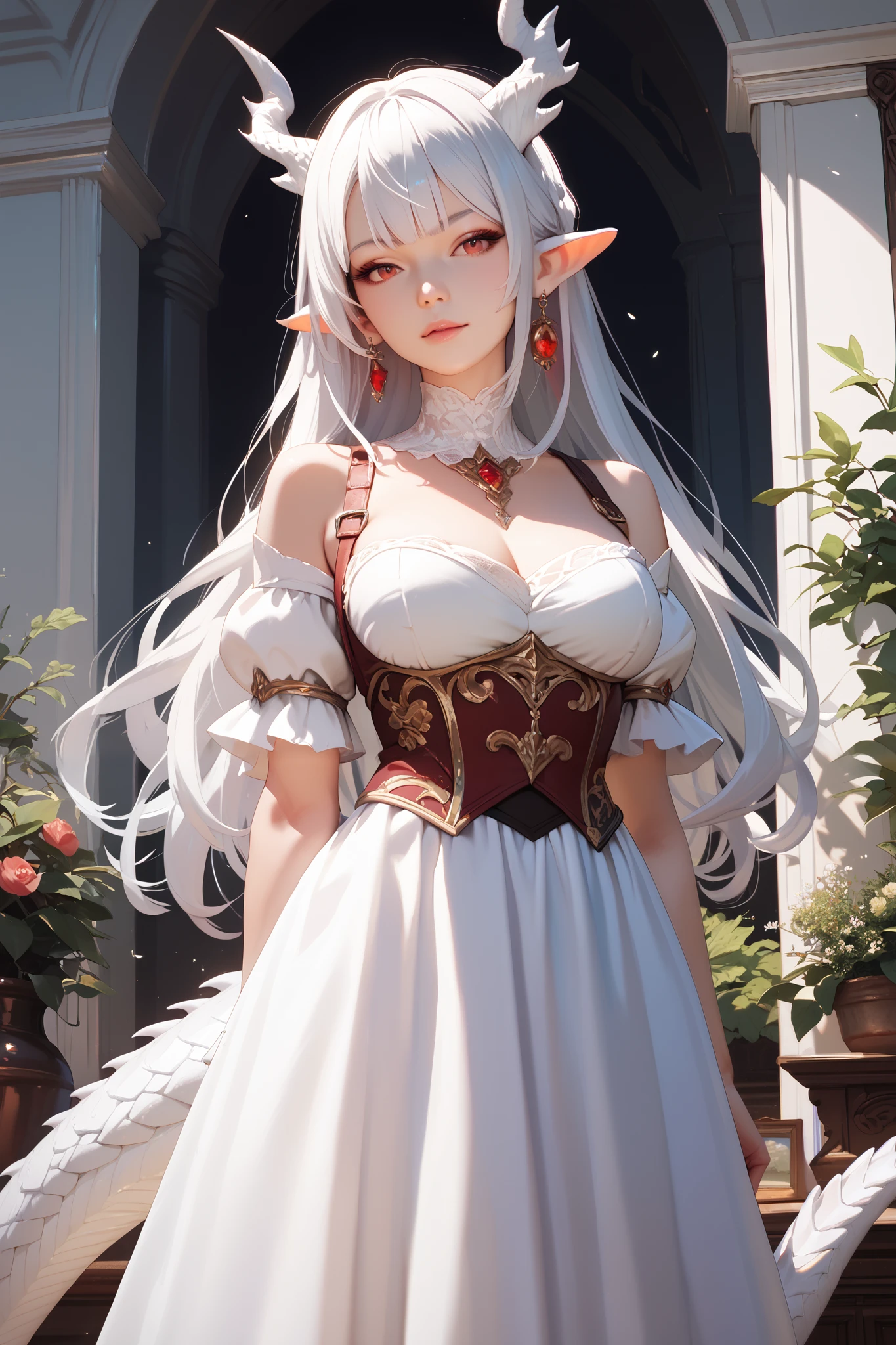 (best quality, ultra detailed), artwork, high resolution, Art Nouveau style, (exquisite body), (milky skin), correct proportions, The character is a 22 year old mature woman, she has pale skin, perfect body with medium breasts, incomparable beauty, ((((has long white hair with bangs)))), Perfect face, serious face, white eyelashes, she has beautiful corrected and detailed eyes, ((serious eyes, heterochromia purple and blue eyes)), she is elven, (((the character has long and pointed ears))), ((((she wears a long red queen dress, made of silk richly embroidered with detailed lace, puffed sleeves and modest)))), She wears a long white wool cape with a white fur collar, wearing long black satin gloves, she also wears a black choker adorned with gold and with a ruby in the center, the character is standing and facing the viewer, she has a seductive and confident expression, (((perfect hands))), correct fingers, realistic anime style, character image for role playing game, in a medieval castle office, winter landscape, misty atmosphere, 4k, character design, generate with SFW