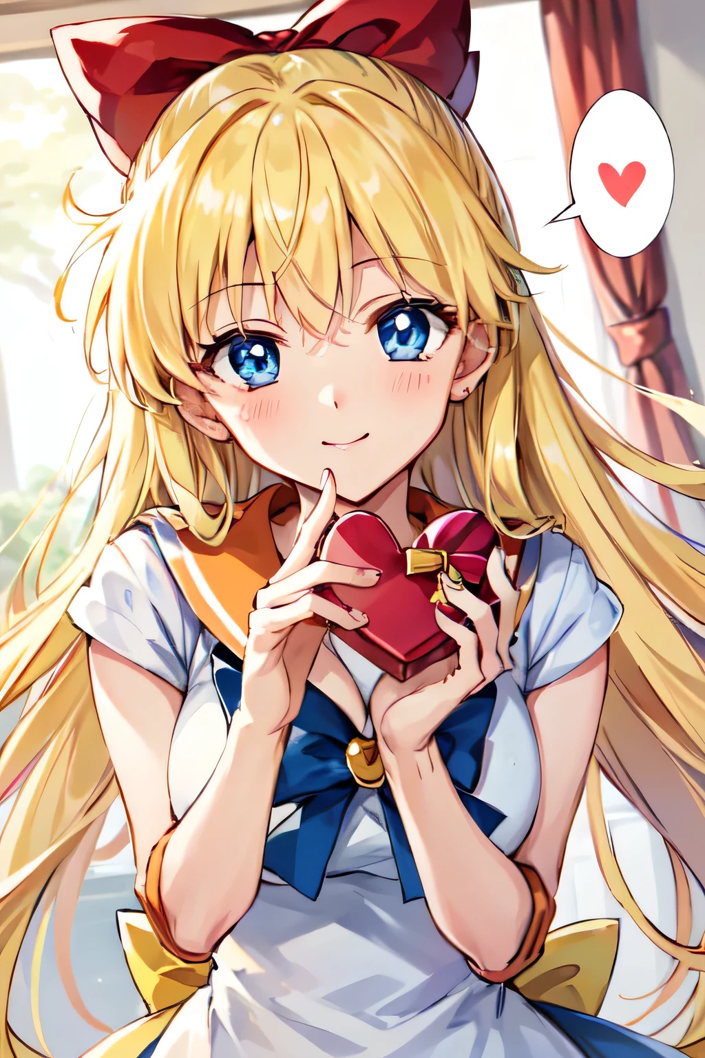 Masterpiece, top quality, Ultra Detailed, 8K, Anime, face focus, full front:1.3, (Aino Minako), (Sailor Venus), blue eye, smile, shy:1.3, blush:1.4, orange Sailor, blonde long hair with red ribbon, incoming Big Valentine gift:1.1, gazing at viewer, incoming Valentine chocolate:1.4, monotone background, text bubbles into heart symbol:1.3