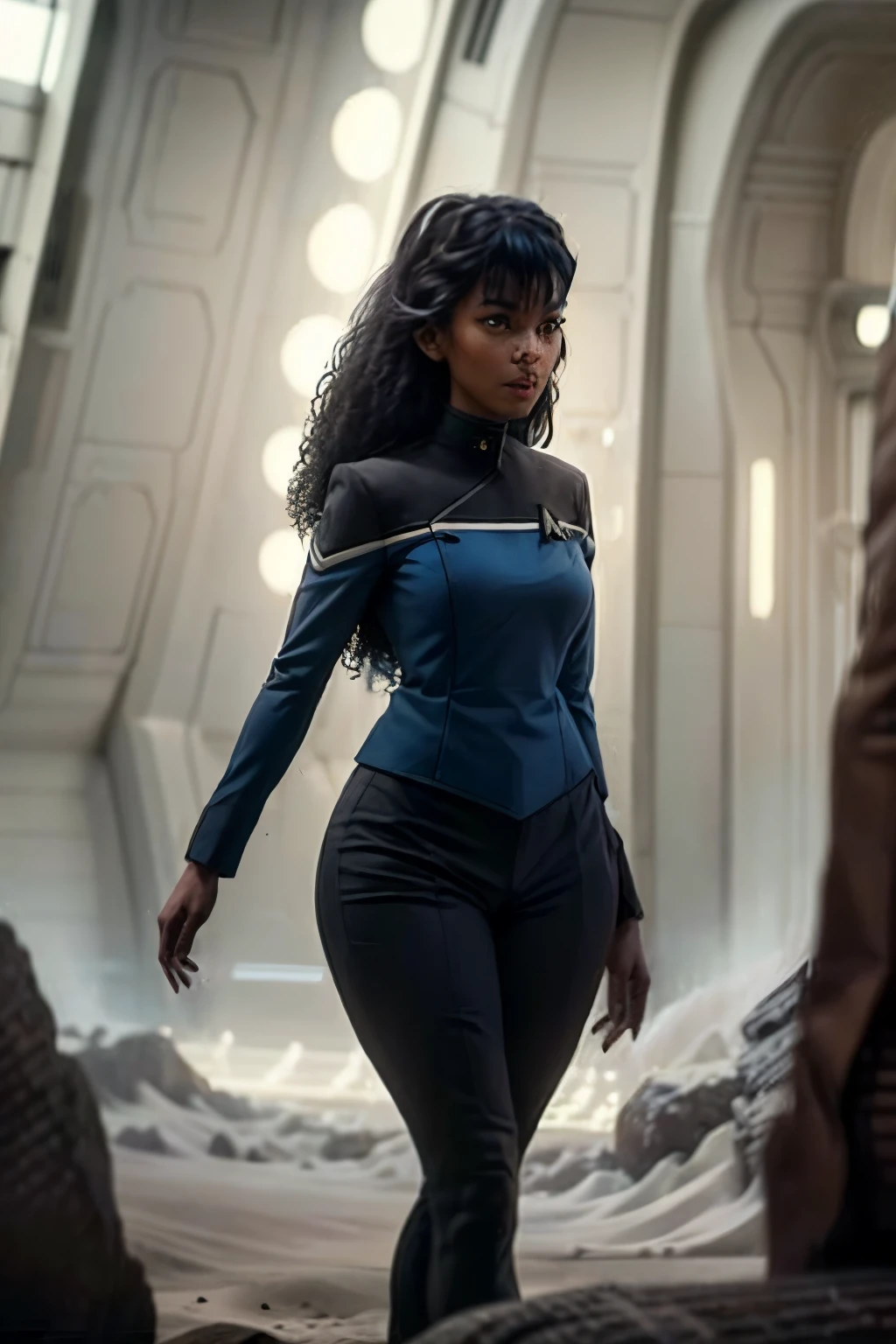 (a female crew member of the uss enterprise ncc - 1701), 1 female crew member of the uss enterprise ncc - 1701, in a forest, walking, ultra sharp focus, thin and slender limbs, thin and detailed blue eyes, blue skin, long and curly hair, black hair, medium and saggy breasts, dynamic pose, forest background, floor, blue skin, character crew member of the uss enterprise ncc - 1701, metkayina, score_9, score_8_up, score_7_up, score_6_up, AvAonung, comic page with several frames