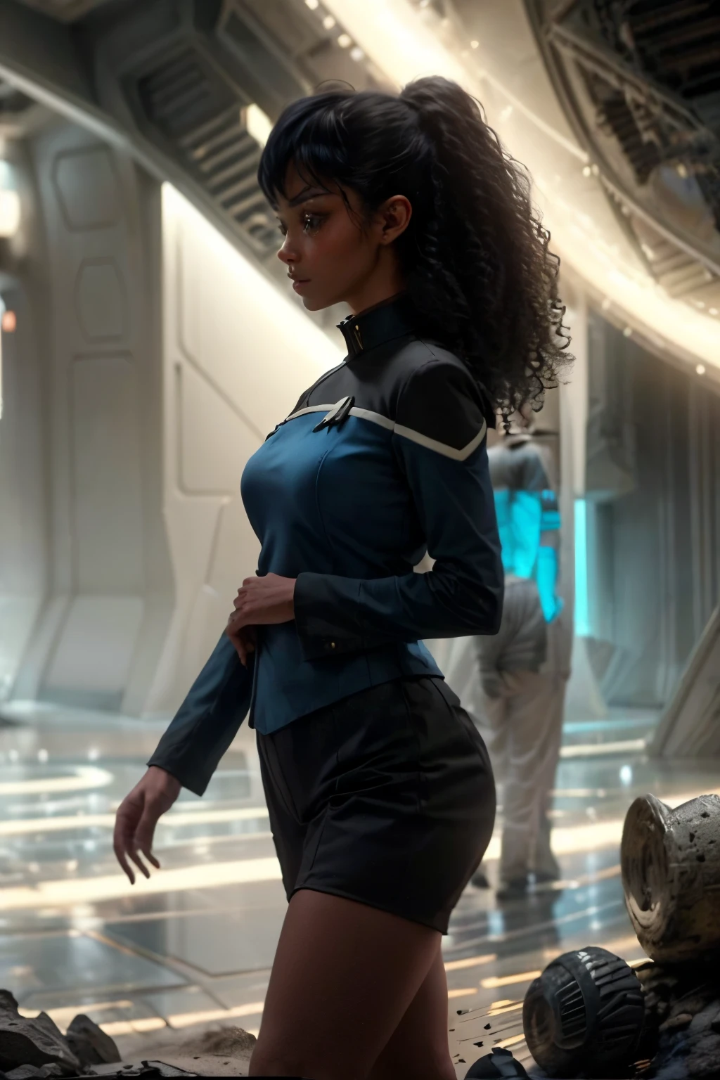 (a female crew member of the uss enterprise ncc - 1701), 1 female crew member of the uss enterprise ncc - 1701, in a forest, walking, ultra sharp focus, thin and slender limbs, thin and detailed blue eyes, blue skin, long and curly hair, black hair, medium and saggy breasts, dynamic pose, forest background, floor, blue skin, character crew member of the uss enterprise ncc - 1701, metkayina, score_9, score_8_up, score_7_up, score_6_up, AvAonung, comic page with several frames