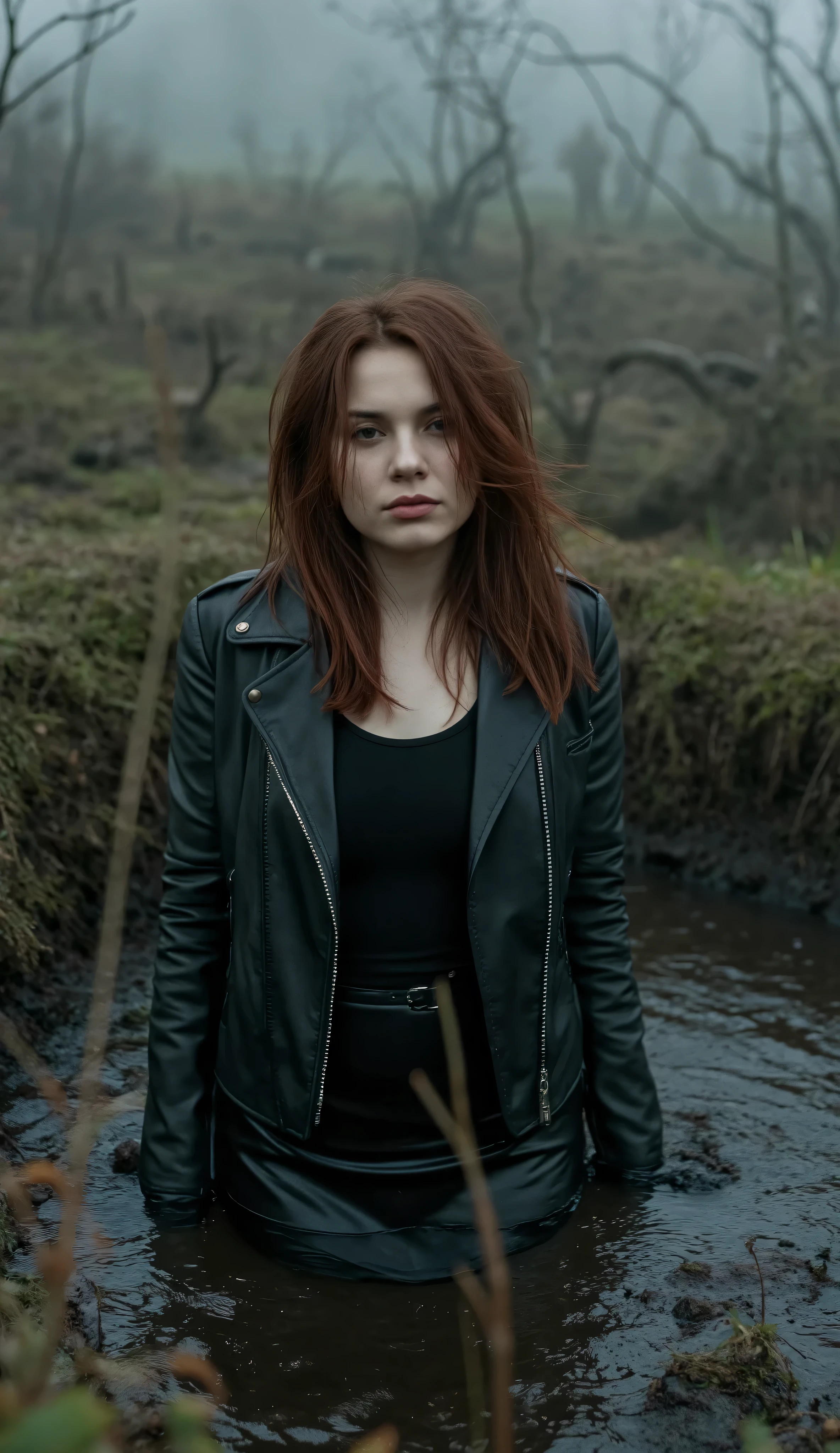 Arafed woman in a black top and leather jacket standing in a stream ...