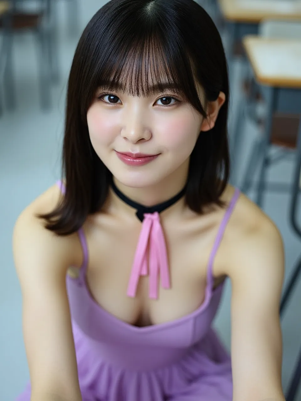 Arafed asian woman in a purple dress sitting on a chair - SeaArt AI