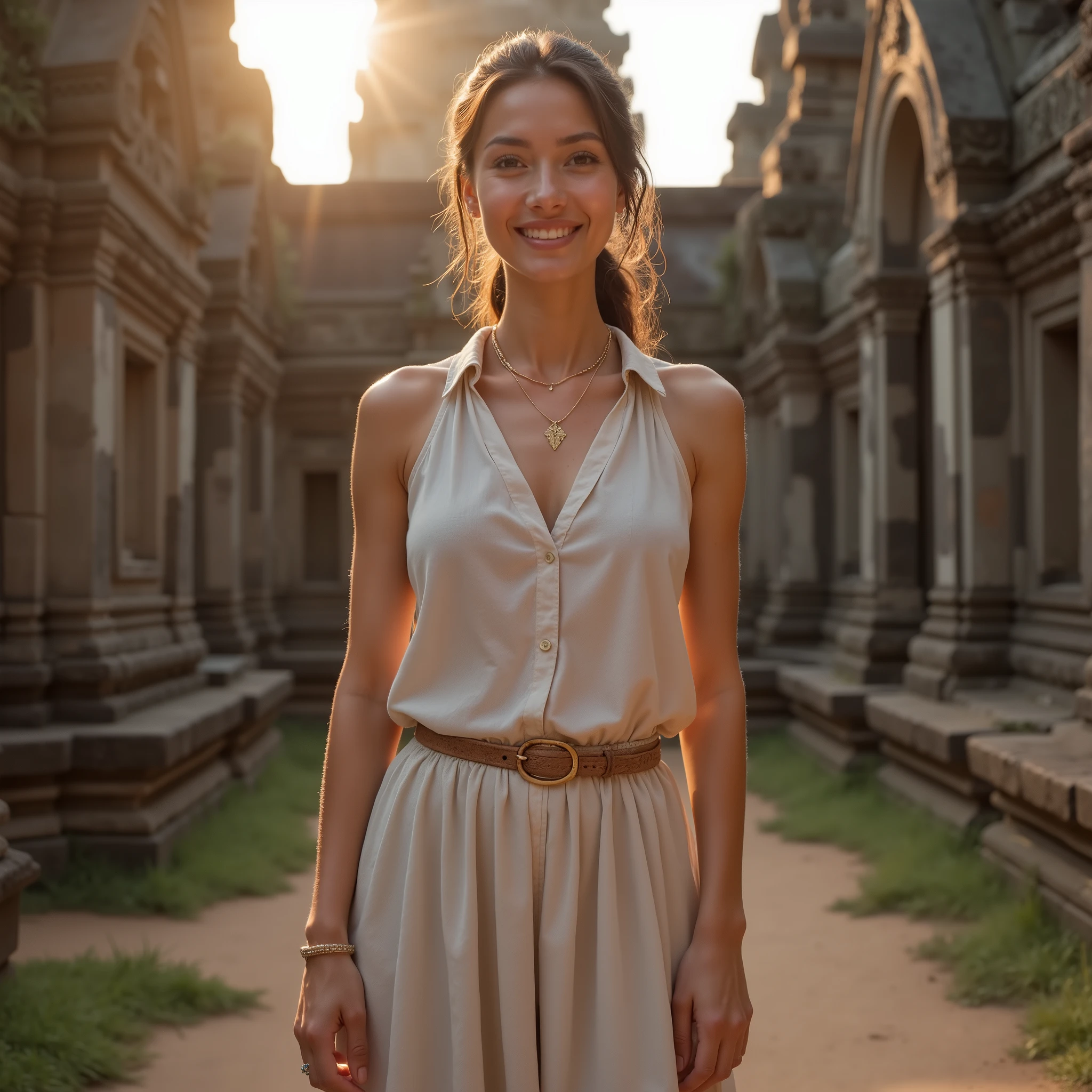 cinematic film still <lora:MilaAzul_SDXL_v1.0:1>
close-up Photorealistic portrait of fashion model (((ohwx woman))) exploring the ruins of Ayutthaya, the former capital of Siam. Captured by Annie Leibovitz with a playful and adventurous aesthetic. She stands amidst crumbling brick towers, sunlight filtering through the ancient structures. The photographer employs a wide aperture to blur the background slightly, emphasizing the intricate carvings and her sense of discovery. rule of thirds, leading lines