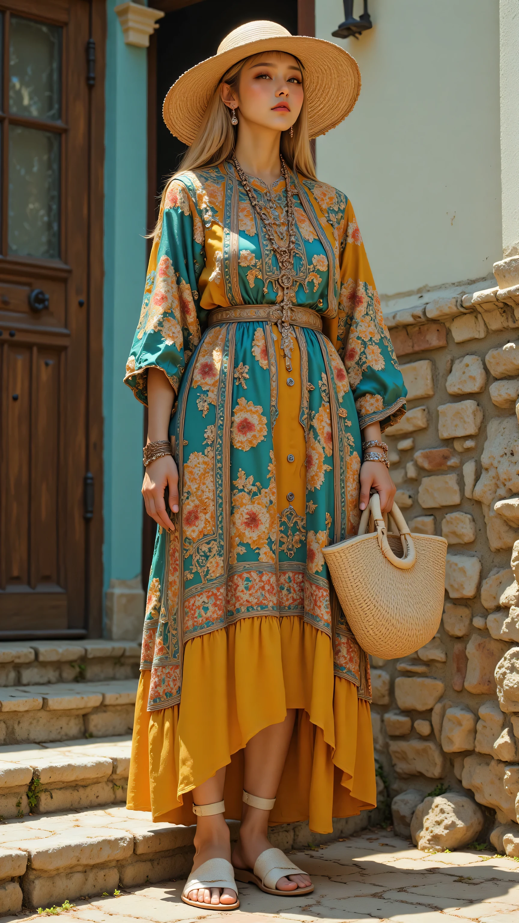 32k, Masterpiece, top quality, (( Korean middle-aged woman )) blonde hair, long hair, multicolored dress, boho style, midi dress, floral pattern, teal, brown, orange, yellow hem, straw hat, large hat, white sandals, strappy sandals, bracelets, woven tote bag, light colored bag, stone staircase, rustic wooden wall, light blue wall, summery, relaxed, professional photography, full-length shot, outdoor setting, daylight.