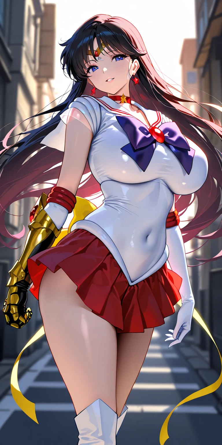 masterpiece, best quality, beautiful art, high resolution, well formed hands, body and fingers, 1 woman, solo, Hakari Hanozono, adult, big breasted, cleavage , full body, wearing a Sailor Moon outfit,, gorgeous legs and thighs, sexy sailor senshi uniform, sailor collar, blue skirt, pigtails, elbow gloves, ,skirt lifted by the wind, white leotard peeking, dancing seductively and erotically, turning backwards and forwards, showing her back and front, smiling joyfully, looking at the viewer, flirting, beach environment