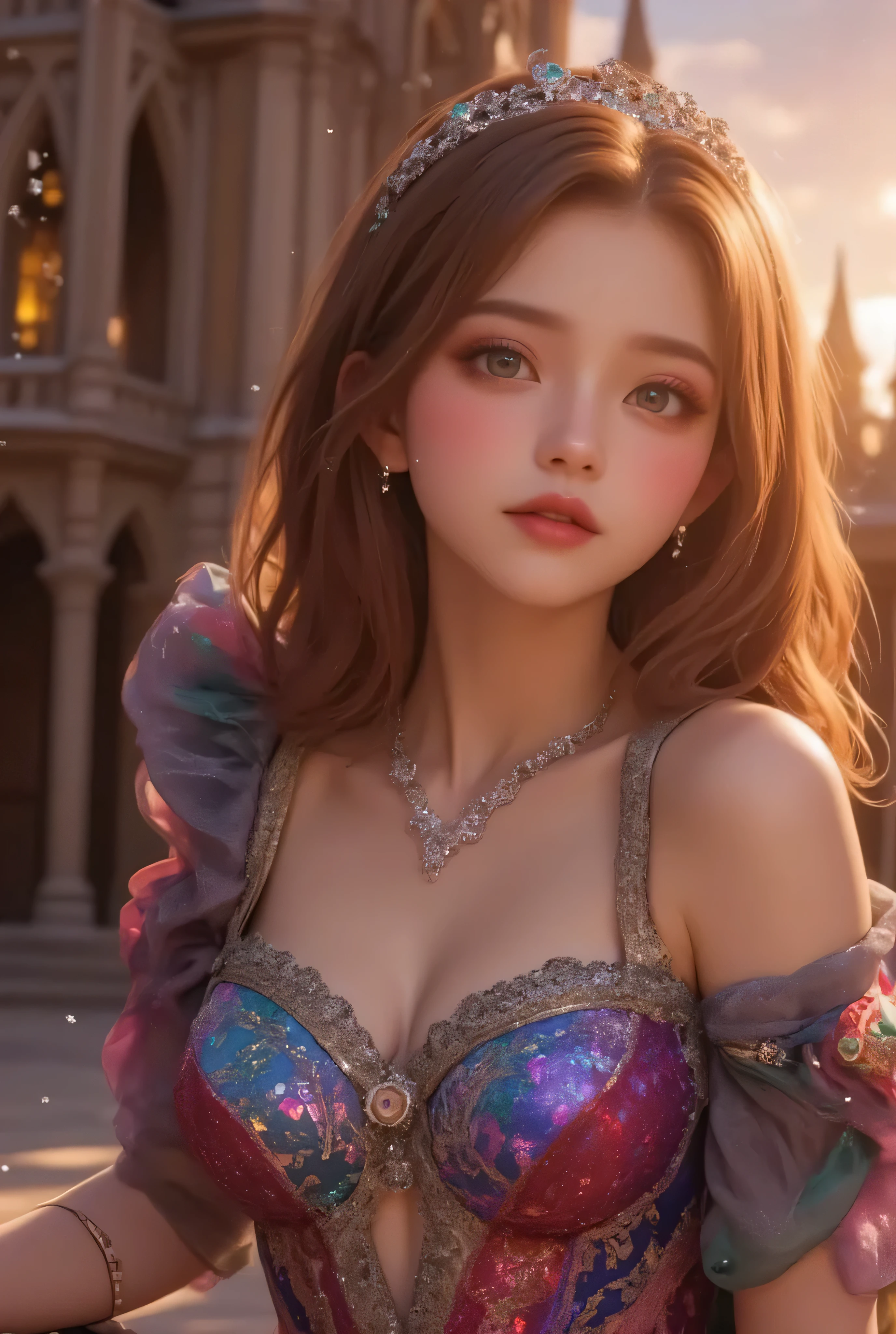lors, deep contrast, super real, pink lipstick, lovely atmosphere, cinematic composition, close-up of face. She is wearing a breathtakingly opulent princess dress with flowing, multi-layered fabrics in a mesmerizing blend of royal blue, deep crimson, emerald green, and shimmering violet, creating a dazzling gradient effect. The dress is adorned with intricate golden and silver embroidery, forming delicate floral and celestial patterns, intertwined with radiant, sparkling gems in shades of sapphire, ruby, emerald, and amethyst. The off-shoulder design is enhanced with sheer, shimmering fabrics that drape elegantly, catching the light like woven stardust. Her bodice is encrusted with fine jewel embellishments, and a beautifully detailed silver and gold belt cinches her waist, adding to the regal elegance. She also wears a dazzling gemstone necklace, a delicate tiara of intertwined silver and gold adorned with pearls and precious stones, and an exquisite matching bracelet.
She stands gracefully in front of a magnificent castle with towering spires, intricate stonework, and glowing stained-glass windows that cast a kaleidoscope of colors onto the grand courtyard. The castle is bathed in the golden light of a setting sun, with the sky painted in warm hues of orange, pink, and purple. Ethereal sparkles fill the air, adding a magical glow to the scene. Her expression is serene, confident, and regal, exuding the grace and charm of a true fairy-tale princess in a fantastical, enchanted world.