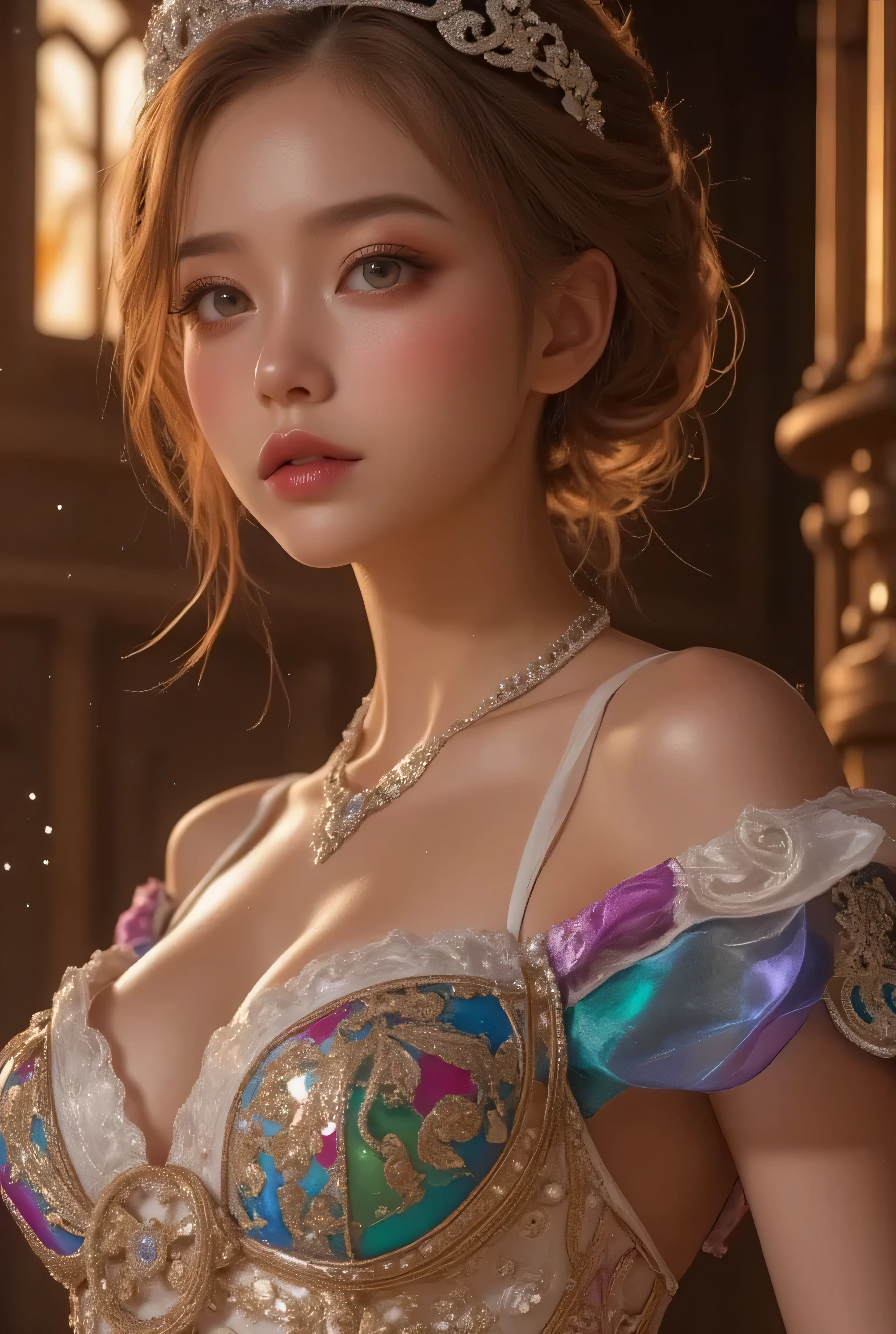 lors, deep contrast, super real, pink lipstick, warm atmosphere, cinematic composition, close-up of face. She is wearing a breathtakingly opulent princess dress with flowing, multi-layered fabrics in a mesmerizing blend of royal blue, deep crimson, emerald green, and shimmering violet, creating a dazzling gradient effect. The dress is adorned with intricate golden and silver embroidery, forming delicate floral and celestial patterns, intertwined with radiant, sparkling gems in shades of sapphire, ruby, emerald, and amethyst. The off-shoulder design is enhanced with sheer, shimmering fabrics that drape elegantly, catching the light like woven stardust. Her bodice is encrusted with fine jewel embellishments, and a beautifully detailed silver and gold belt cinches her waist, adding to the regal elegance. She also wears a dazzling gemstone necklace, a delicate tiara of intertwined silver and gold adorned with pearls and precious stones, and an exquisite matching bracelet.
She stands gracefully in front of a magnificent castle with towering spires, intricate stonework, and glowing stained-glass windows that cast a kaleidoscope of colors onto the grand courtyard. The castle is bathed in the golden light of a setting sun, with the sky painted in warm hues of orange, pink, and purple. Ethereal sparkles fill the air, adding a magical glow to the scene. Her expression is serene, confident, and regal, exuding the grace and charm of a true fairy-tale princess in a fantastical, enchanted world.