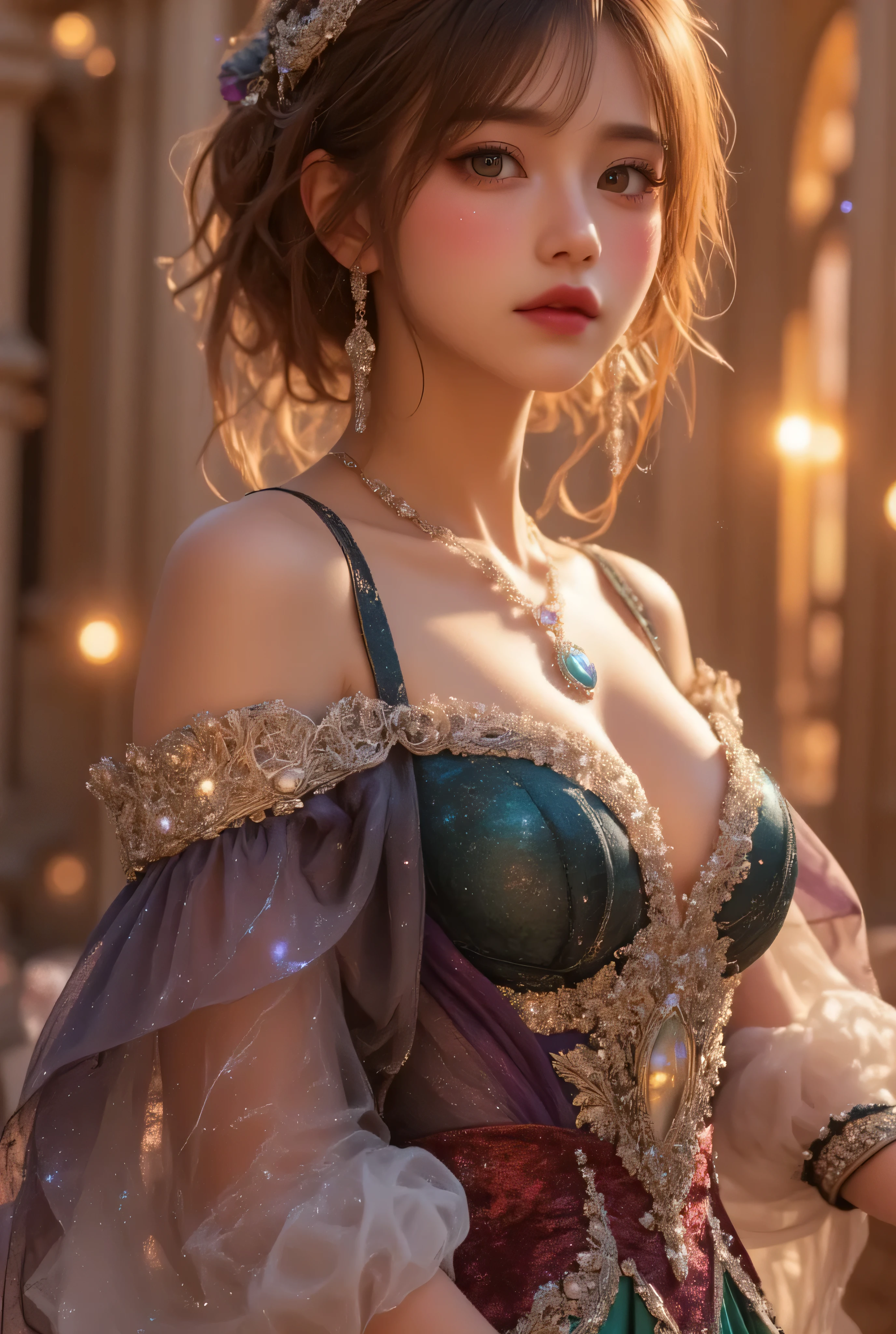 lors, deep contrast, super real, pink lipstick, warm atmosphere, cinematic composition, close-up of face. She is wearing a breathtakingly opulent princess dress with flowing, multi-layered fabrics in a mesmerizing blend of royal blue, deep crimson, emerald green, and shimmering violet, creating a dazzling gradient effect. The dress is adorned with intricate golden and silver embroidery, forming delicate floral and celestial patterns, intertwined with radiant, sparkling gems in shades of sapphire, ruby, emerald, and amethyst. The off-shoulder design is enhanced with sheer, shimmering fabrics that drape elegantly, catching the light like woven stardust. Her bodice is encrusted with fine jewel embellishments, and a beautifully detailed silver and gold belt cinches her waist, adding to the regal elegance. She also wears a dazzling gemstone necklace, a delicate tiara of intertwined silver and gold adorned with pearls and precious stones, and an exquisite matching bracelet.
She stands gracefully in front of a magnificent castle with towering spires, intricate stonework, and glowing stained-glass windows that cast a kaleidoscope of colors onto the grand courtyard. The castle is bathed in the golden light of a setting sun, with the sky painted in warm hues of orange, pink, and purple. Ethereal sparkles fill the air, adding a magical glow to the scene. Her expression is serene, confident, and regal, exuding the grace and charm of a true fairy-tale princess in a fantastical, enchanted world.