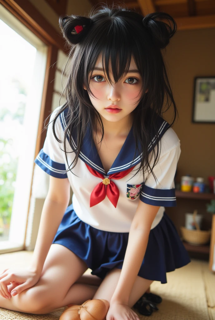 Twin tails, short hair, cute Japanese girl, big eyes, high school uniform